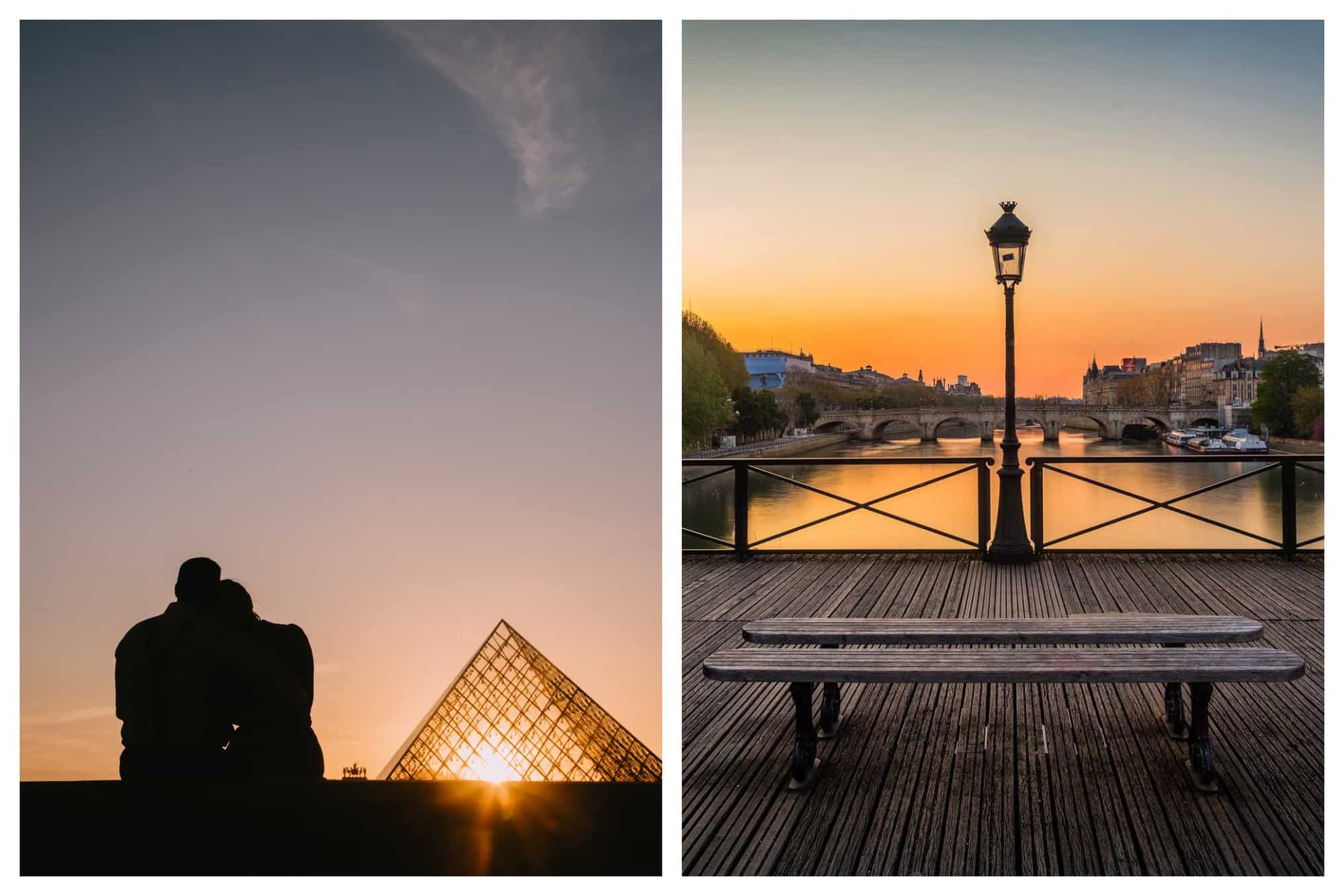 Left: A picture of a couple cuddling at sunset at the Louvre, with the museums glass pyramid in the background.  Right: a picture of sunset in Paris taken from a wooden bridge crossing the Seine. 