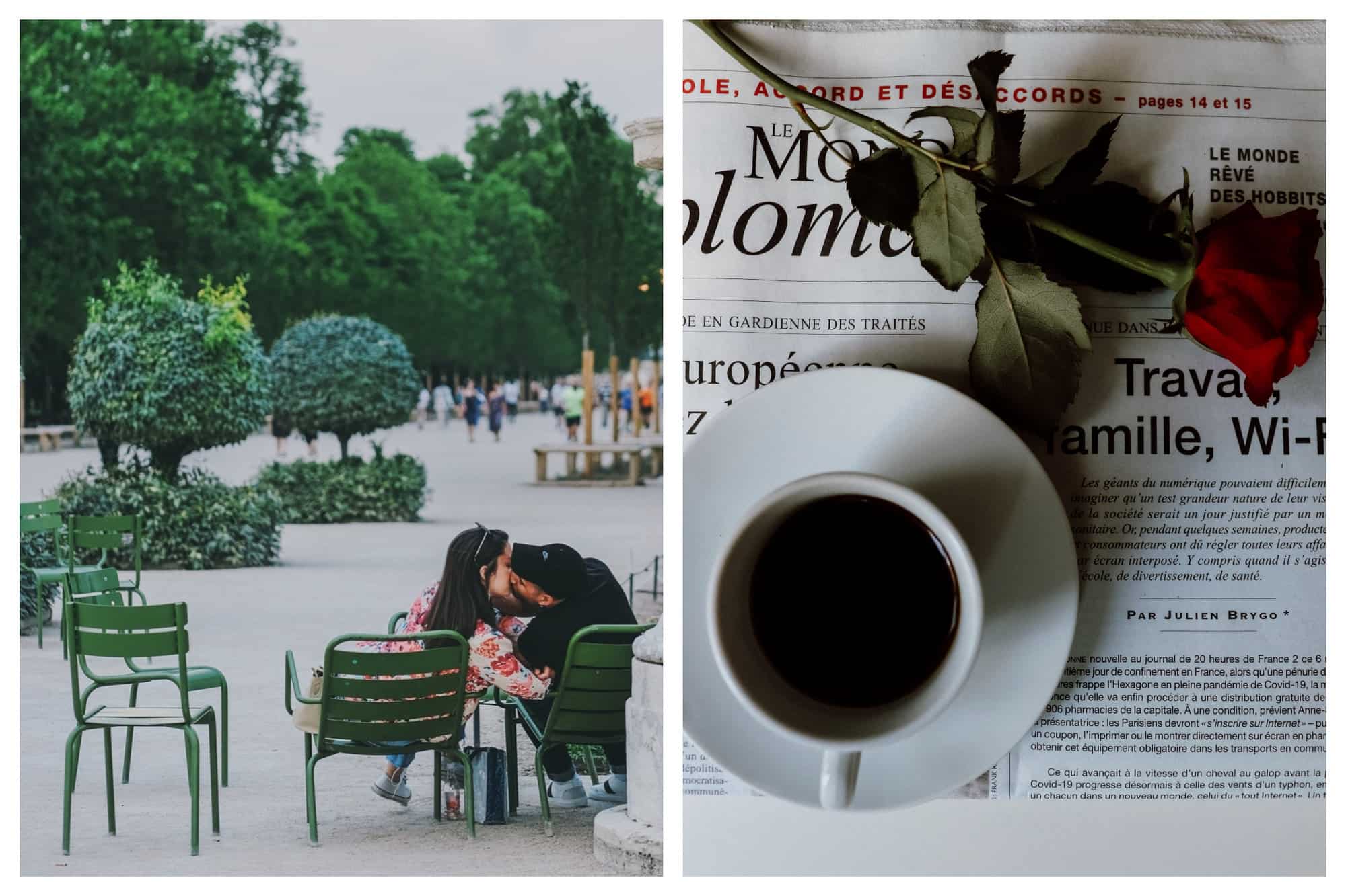 Left: A picture of a couple kissing in Jardin de Tuileries on two green seats surrounded by green trees. Right: A cup of black coffee and a red rose on top of a French newspaper, taken from above. 