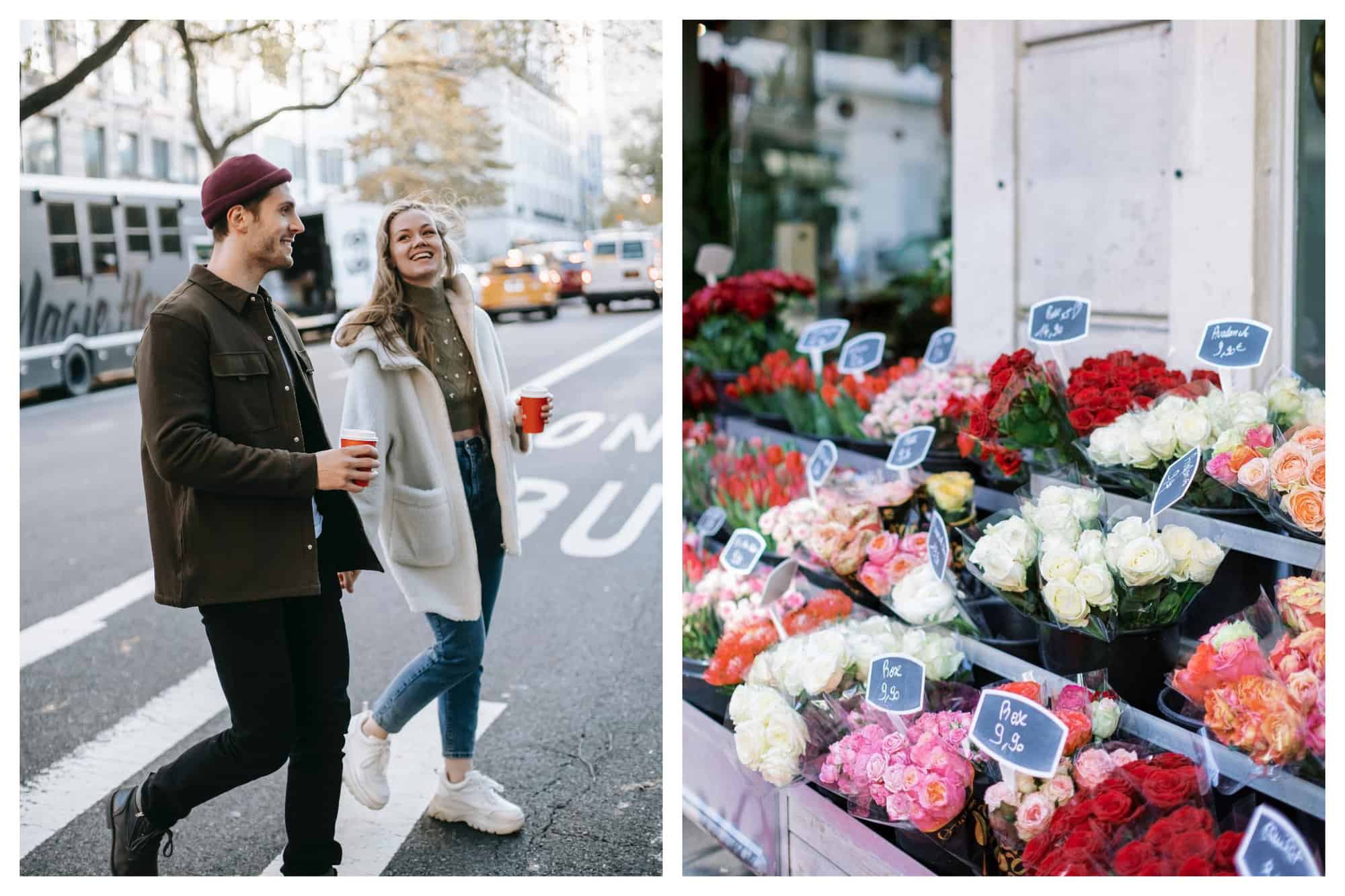 Left: Picture of a couple in winter clothes, holding a cup of take away coffee while crossing a boulevard in Paris with cars in the background. Right: A picture of a flower stand with white, pink, red orange and multi colored roses. 