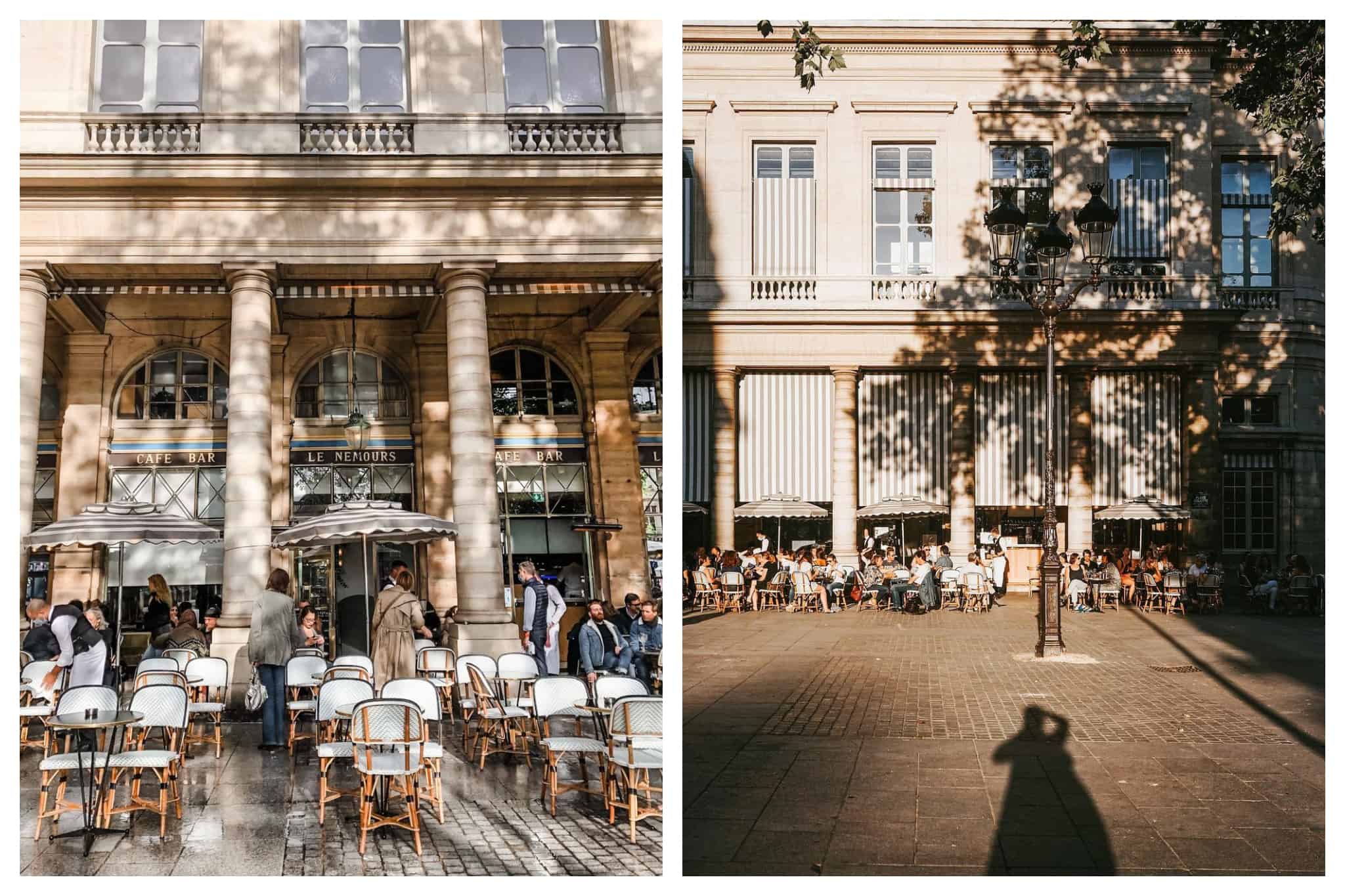 Two pictures from the famous Parisian café Le Nemours. Left: A close up to Le Nemours terrace after a brief spring rain. Right: A farther photo of Le Nemours with the photographer's shadow in the middle.