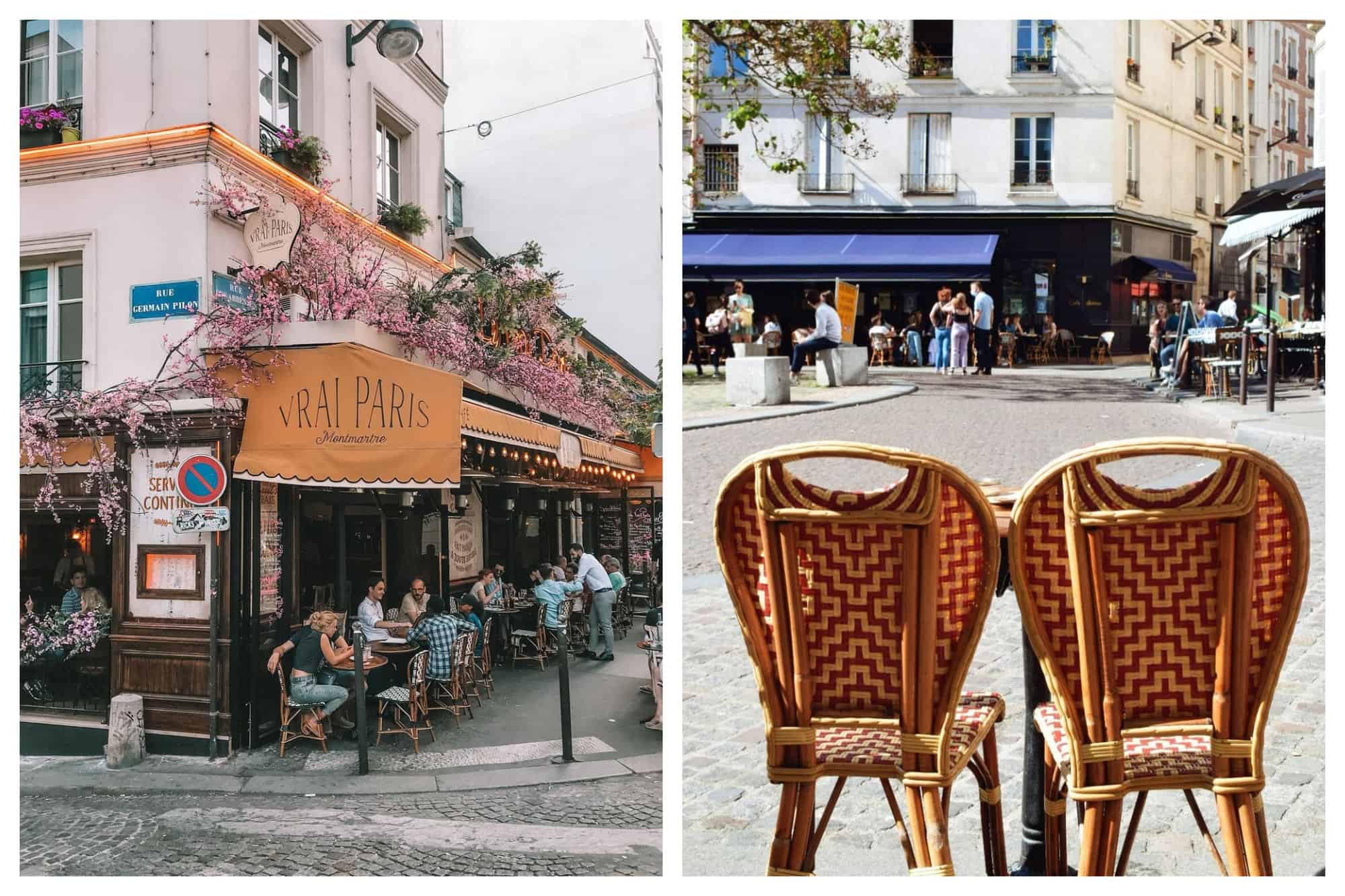 Left: A picture of the iconic Vrai Paris restaurant in Montmartre. Right: Two typical Parisian terrace chairs and a table are pictured.