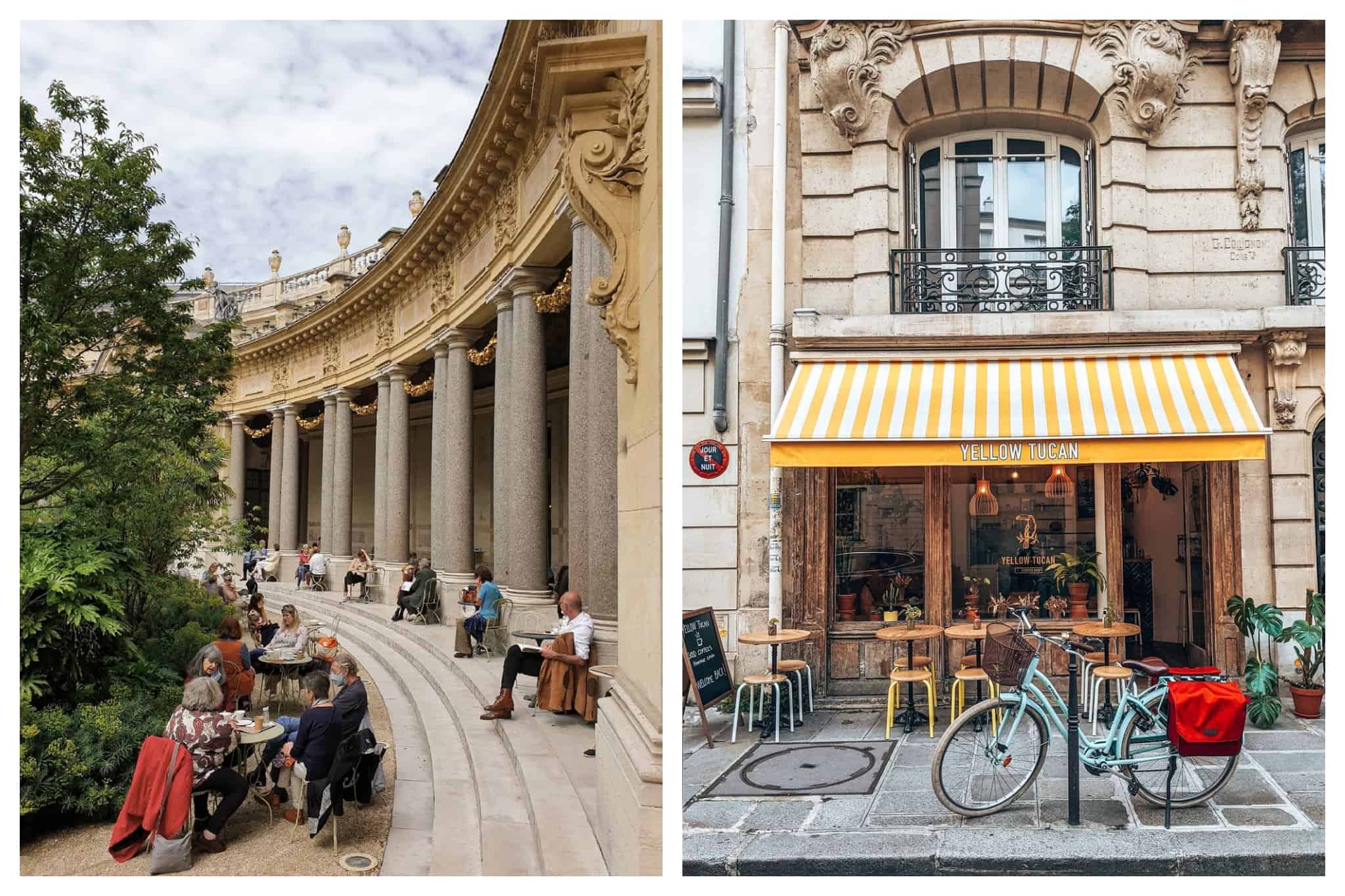 Left: Parisians are seated in an outdoor terrace in a curved roman building with pillars. Right: A small café called Yellow Tucan is pictured with a bike parked in front of it.