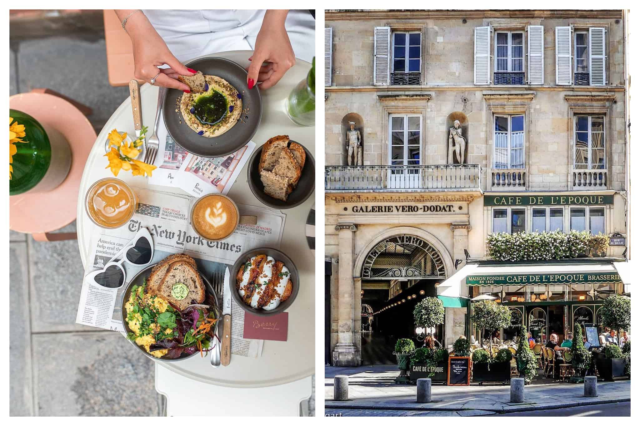 Left: A shot of a healthy lunch with breakfast bowls, juice, and coffee with The New York Times newspaper laid in the table. Right: A photo of a Parisian café named Café de l'époque which is beside the Galerie Vero-Dodat.