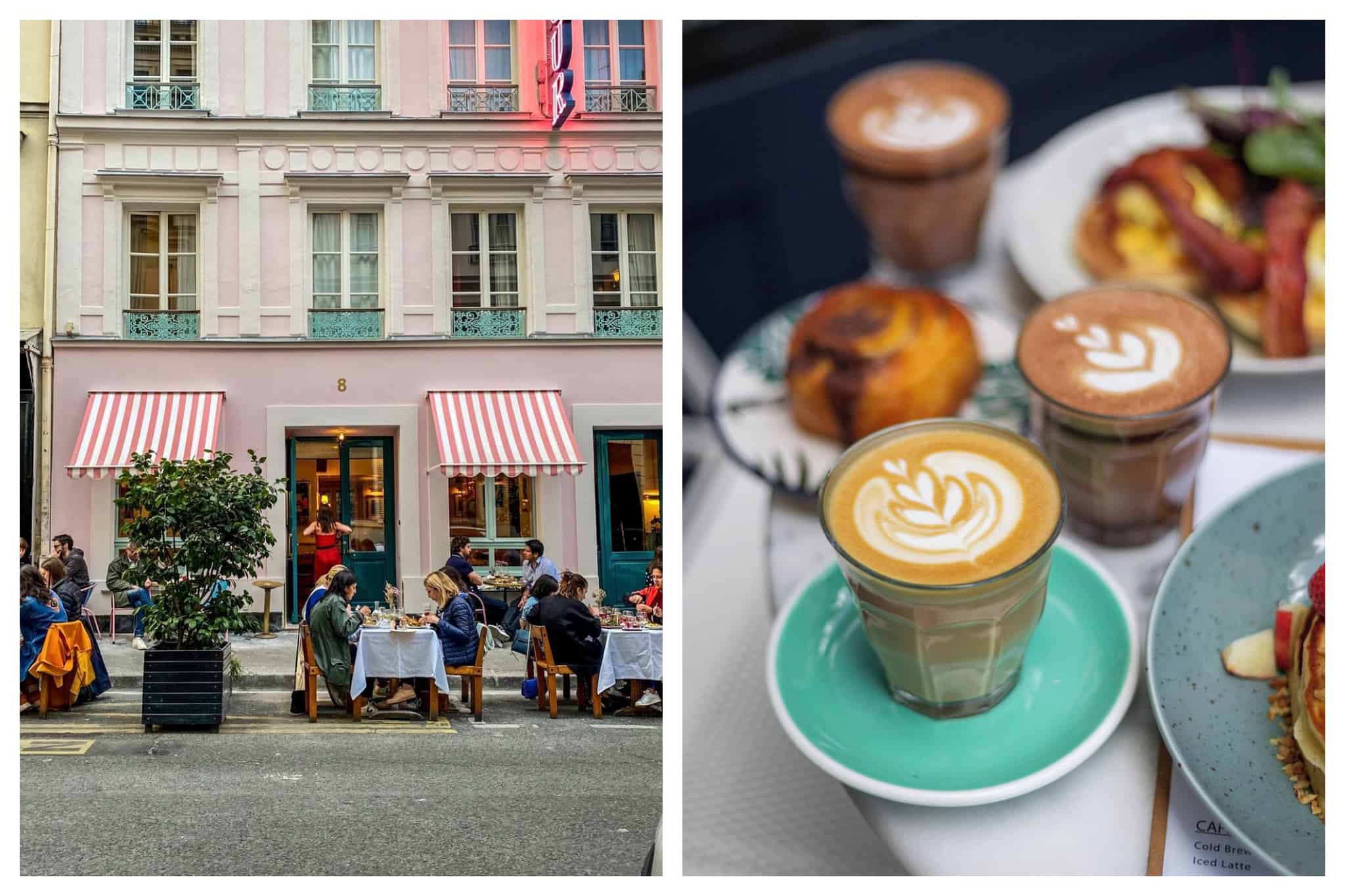 Left: Parisians are dining in a terrace of a café lined with pink and green details. Right: a close up of a brunch table filled with cups of cappuccinos with coffee art.