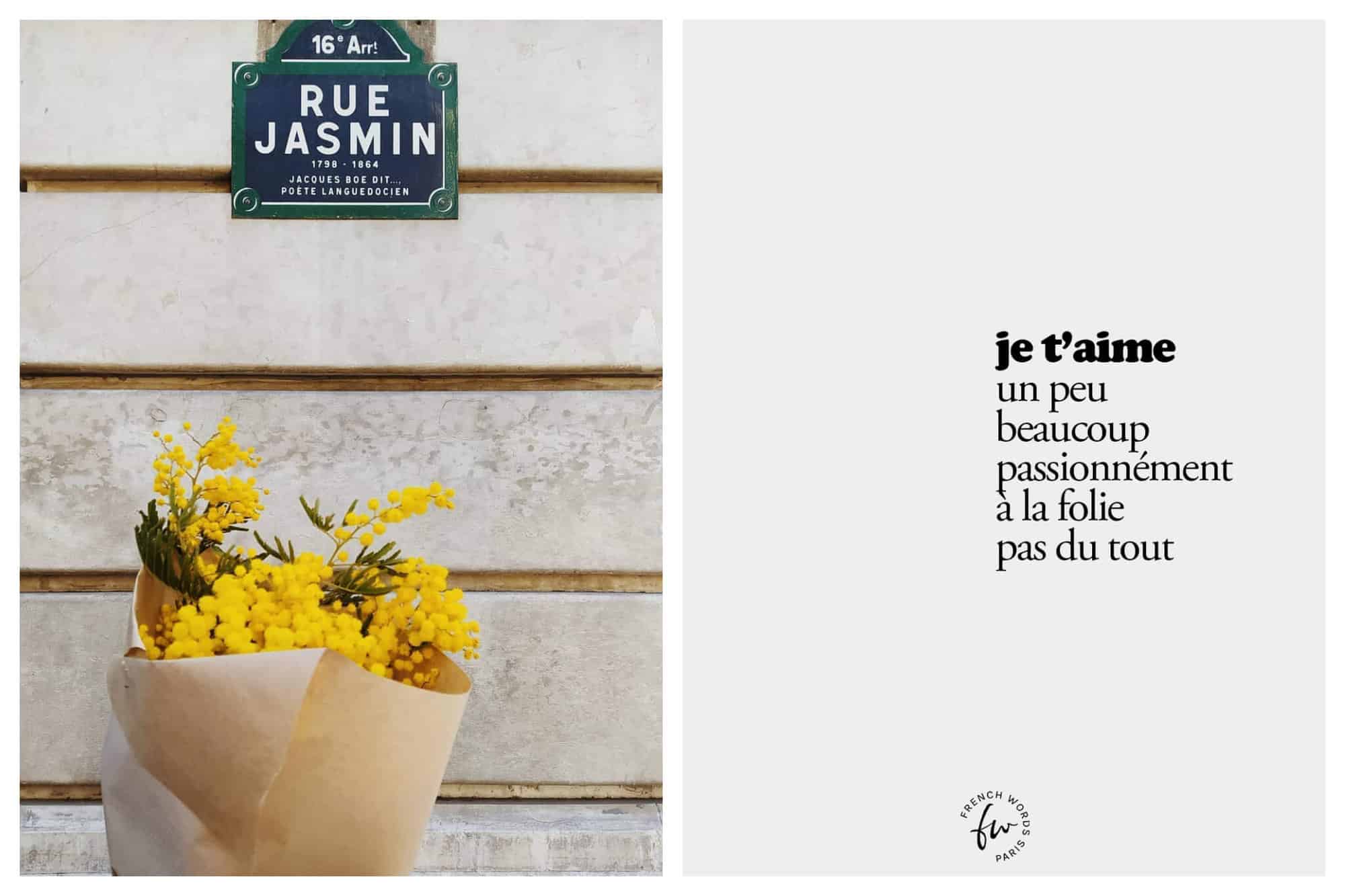 right: a picture of a bunch of mimosa flowers in front of a street sign in Paris, rue jasmin. Right: text of a short poem in french, je t'aime un peu beaucoup passionnément à la folie pas du tout. 