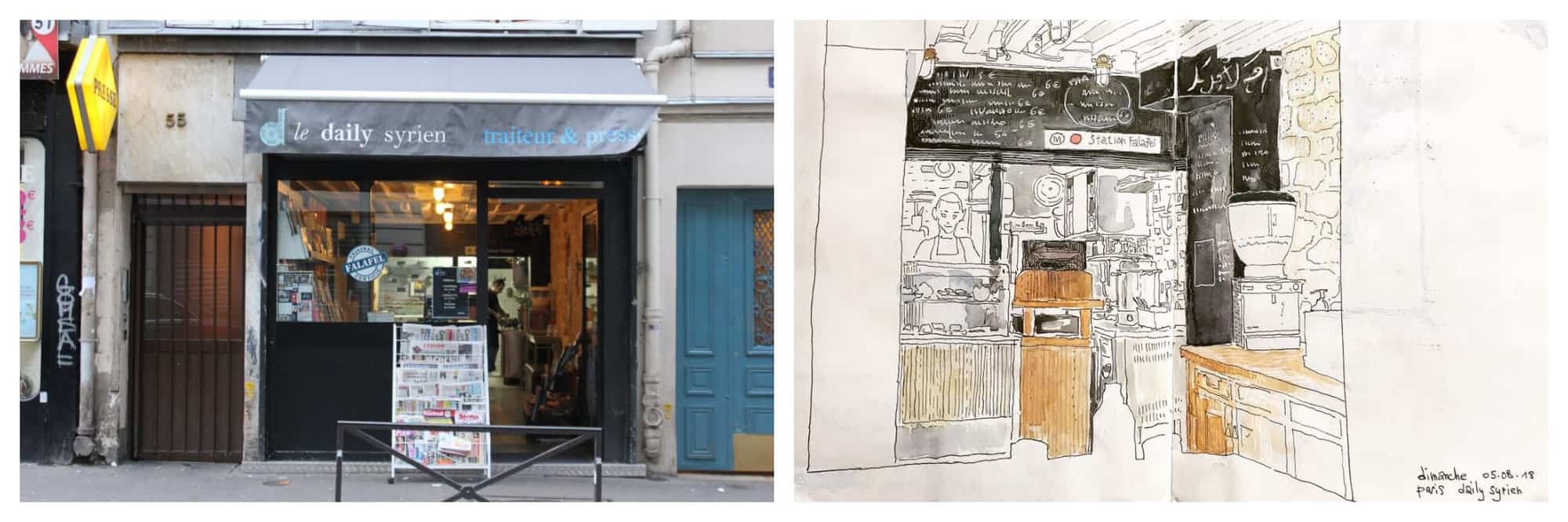 left: the brown coloured exterior of le daily syrien. right: a sketch of the interior of le daily syrien 