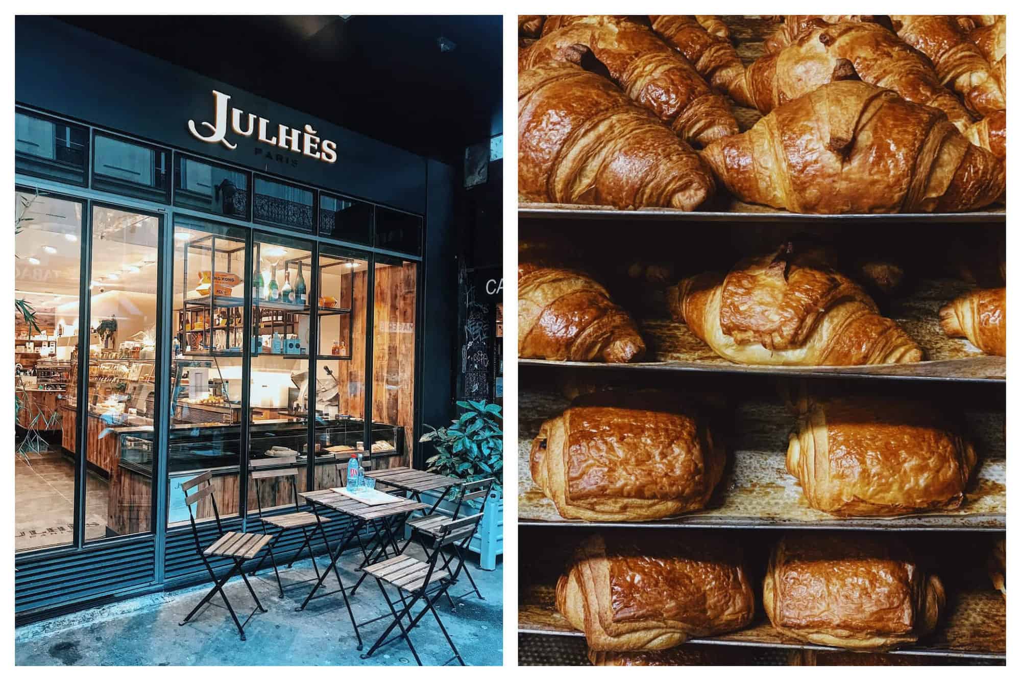 left: the exterior of julhes with wrought iron chairs. right: fresh baked croissants 