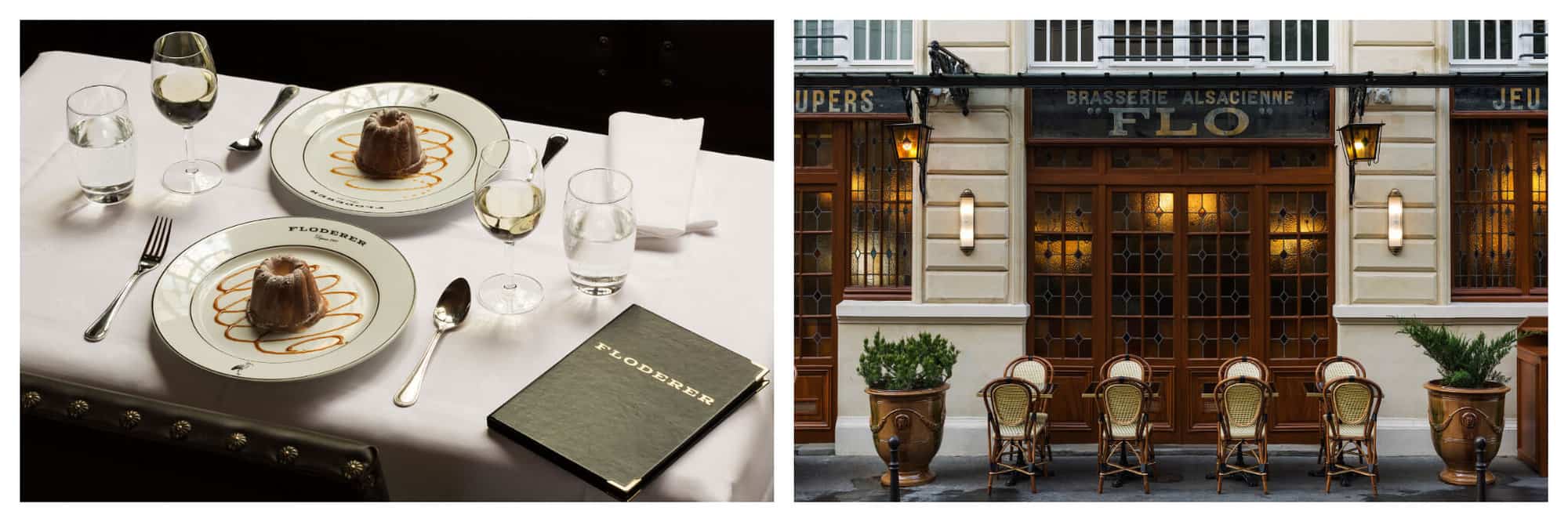 left: dessert plated and laid on a white table cloth at floderer. right: the exterior terrace of floderer
