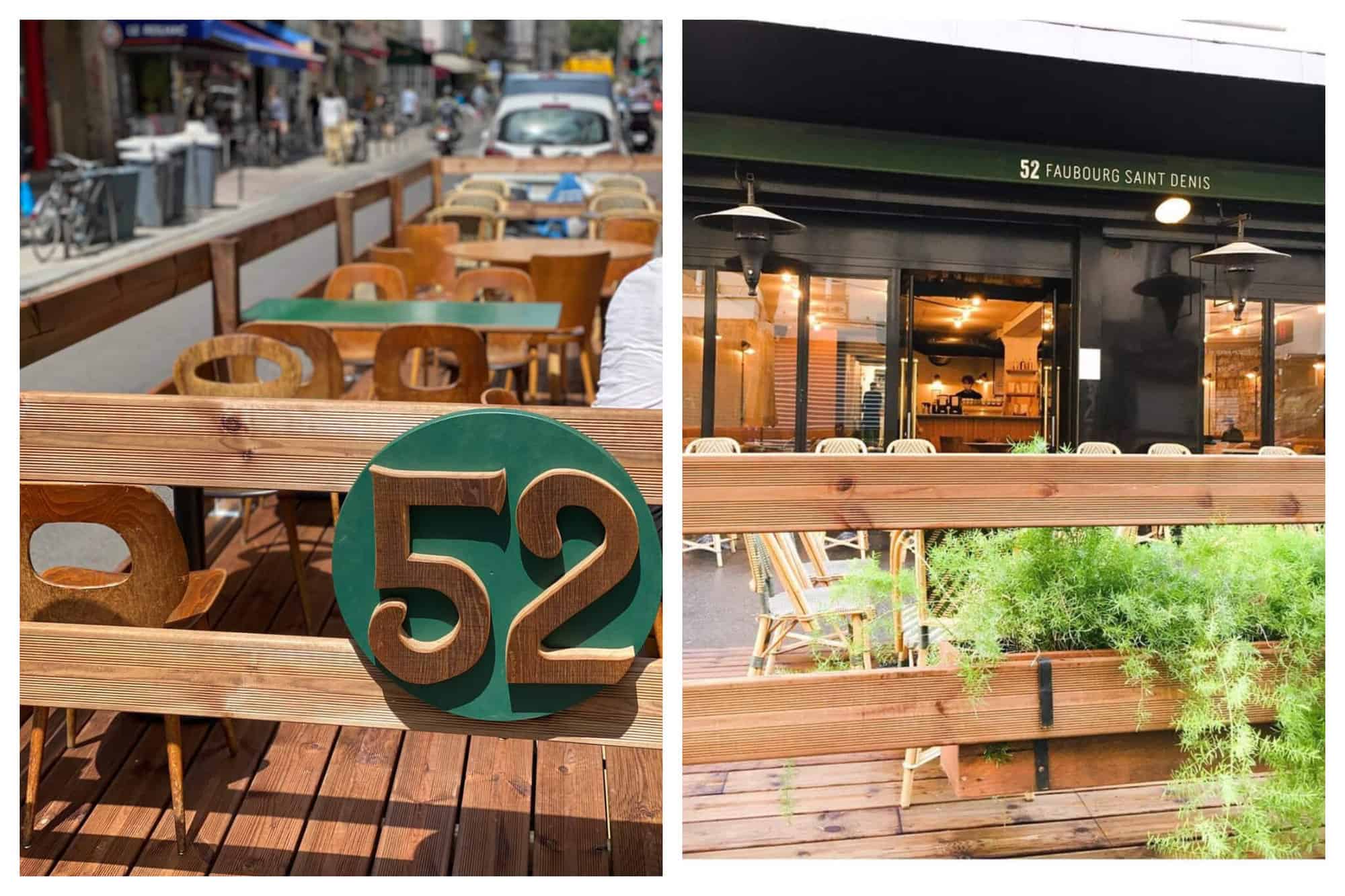 left: the wooden seats in the terrace of Le 52. right: the exterior of le 52