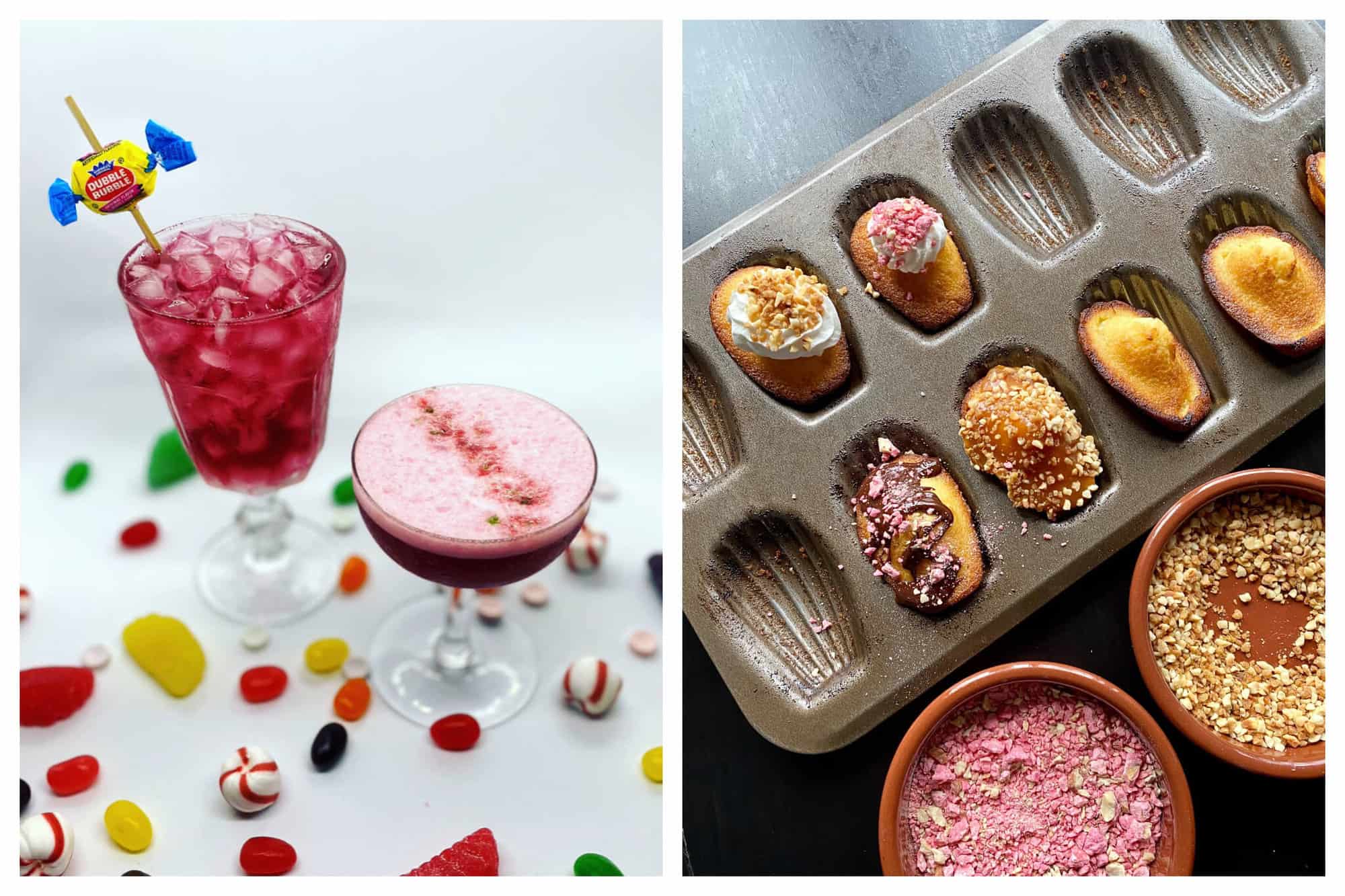 Left: two pink/red colored cocktails by Izzy's Paris on a table surrounded by various lollies. Right: Madeleines in a baking mould decorated with icing, cream, and crushed nuts.