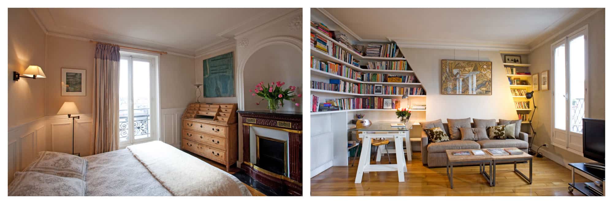 Left: the bedroom of a Parisian apartment with a queen bed, chest of drawers, and fireplace with a vase of flowers sitting on the mantle. Right: the living room of a Parisian apartment with bookshelves covering the walls, art, a desk, sofa, and coffee table. 