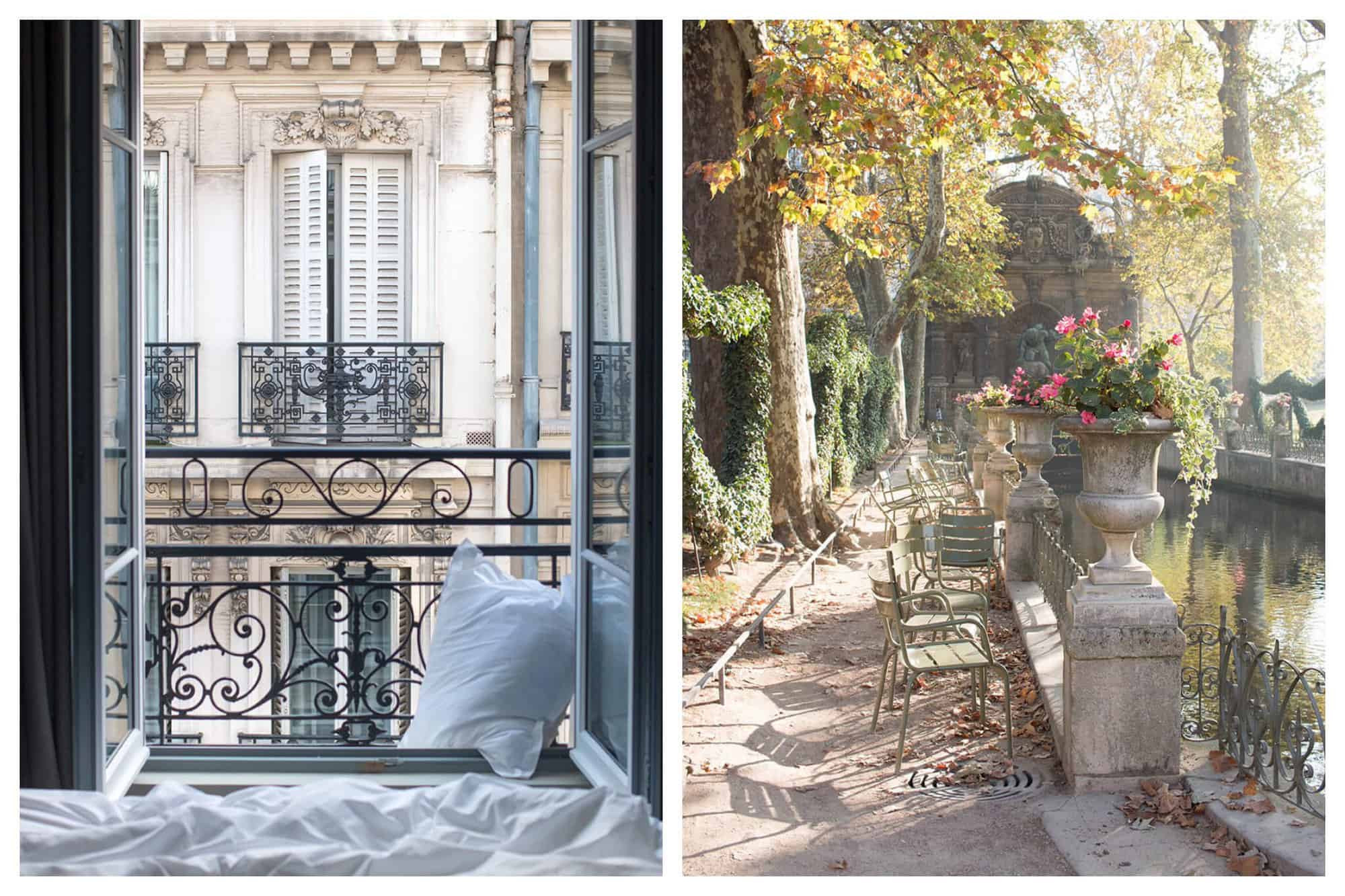 Left: the view out of a Parisian bedroom onto the Haussmannien building opposite it. There is white bedding in front of the window and a white pillow leaning on the balcony.
Right: the Medici fountain at Jardin du Luxembourg with empty chairs alongside it. 