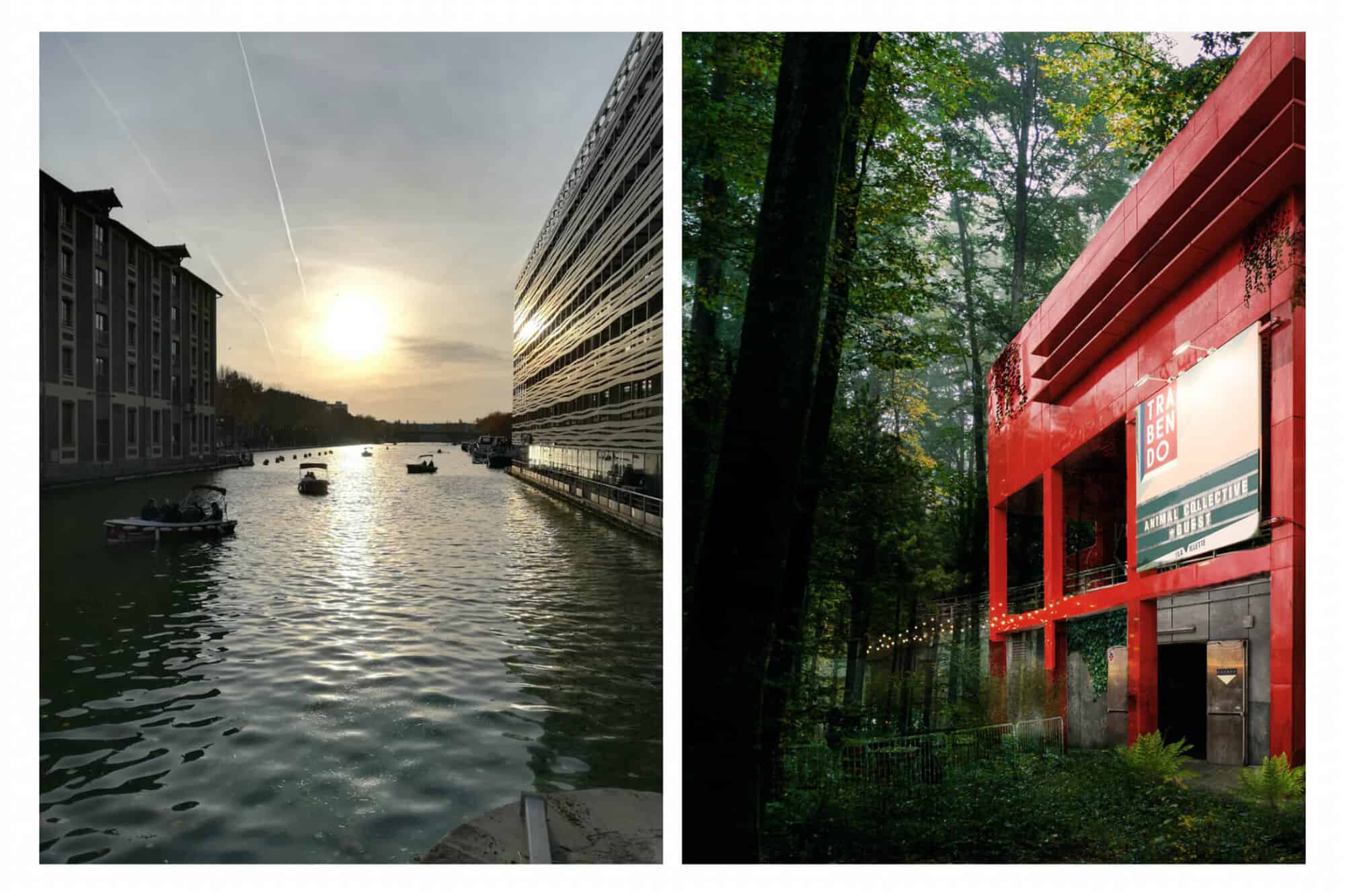 left: the bassin de la villette at sunset. right: the red coloured exteriors of la trabendo 