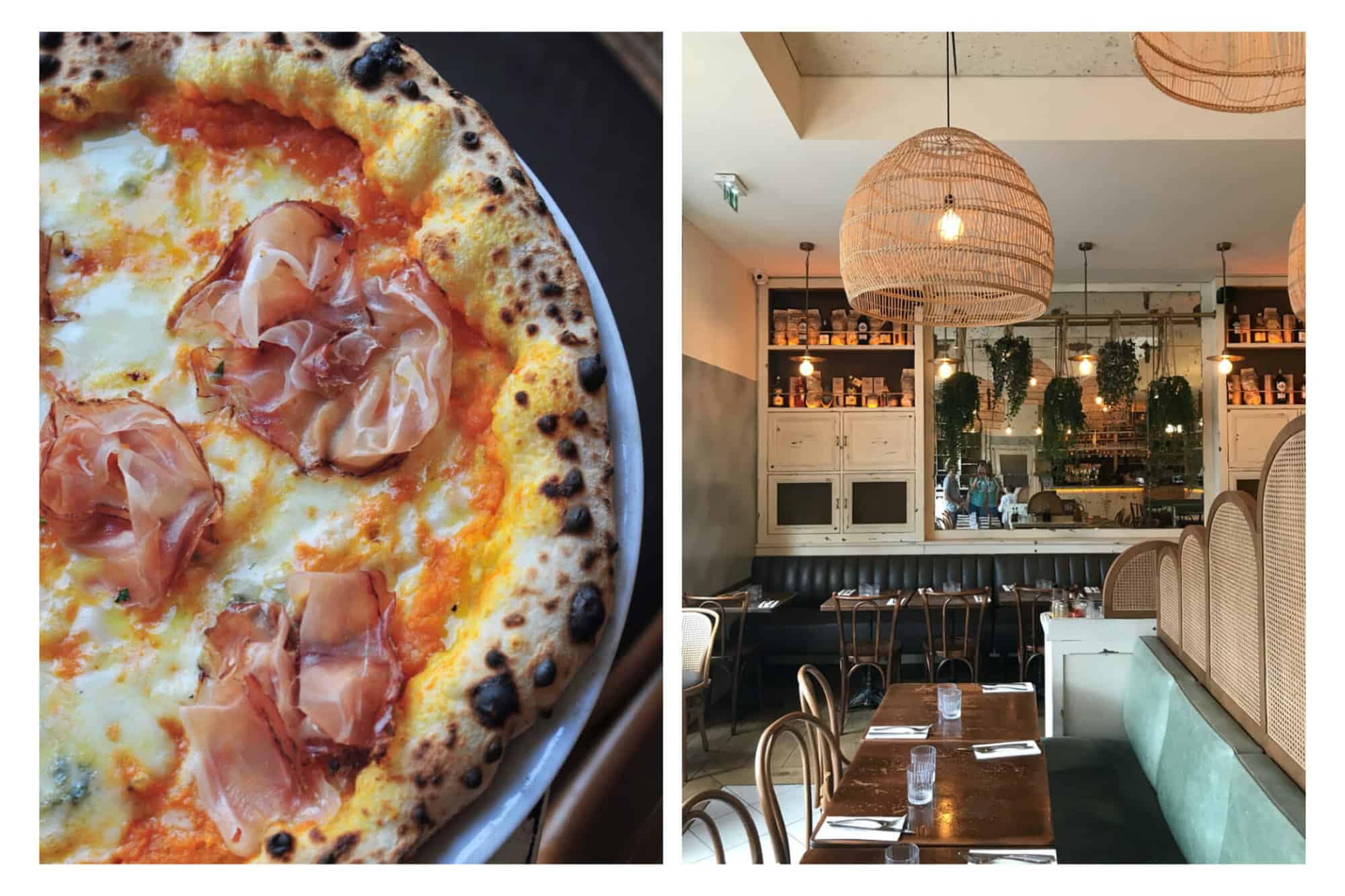 left: pizza at simonetta right: interiors of simonetta with rattan lamps