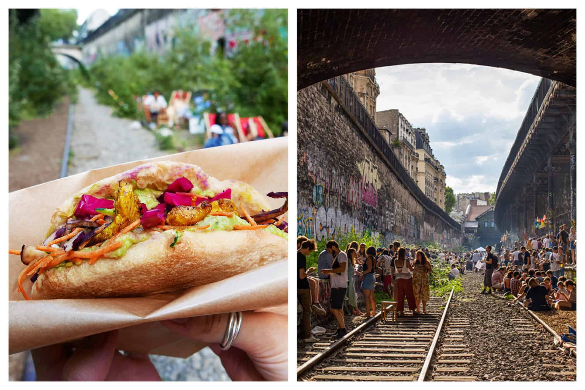 Left: A close up image of a person holding a vegetarian burger at a bar on railway tracks - Le Hasard Ludique. Right: A photo of bar-goers drinking during the day at a bar on railway tracks - Le Hasard Ludique.