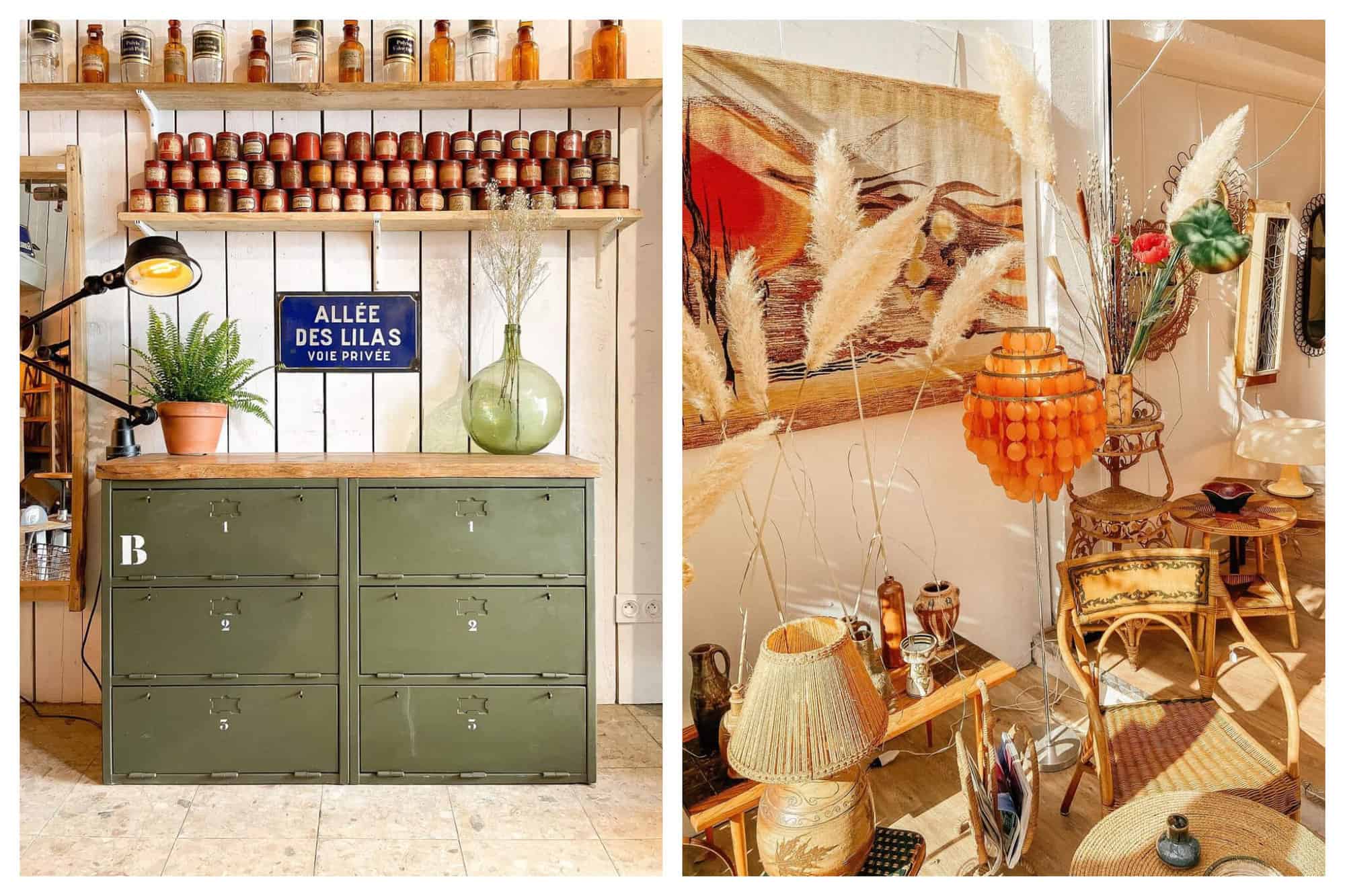 Left: A photo of a set of green dresser draws with a plant and a vase resting on top, at a shop in Les Puces. Above the draws on the wall is a Paris street sign and a collection of candles and bottles resting on shelves. Right: A photo of many antiques in a white room, including chairs, lamps, prints, vases, rugs and flowers.