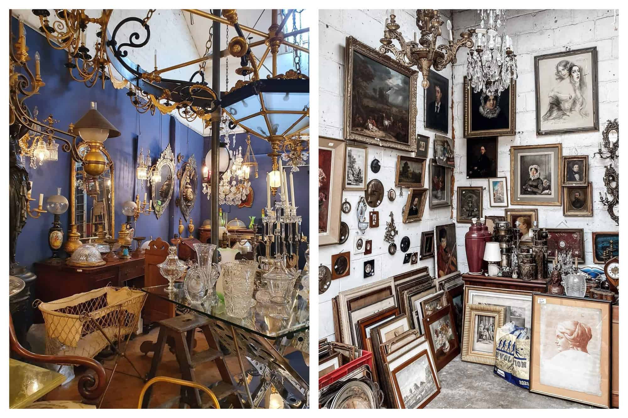 Left: A photo of many antiques at a shop in Les Puces, including chandeliers, glass ornaments, mirrors and more. Right: A photos of renaissance style paintings on a white wall in a shop at Les Puces.