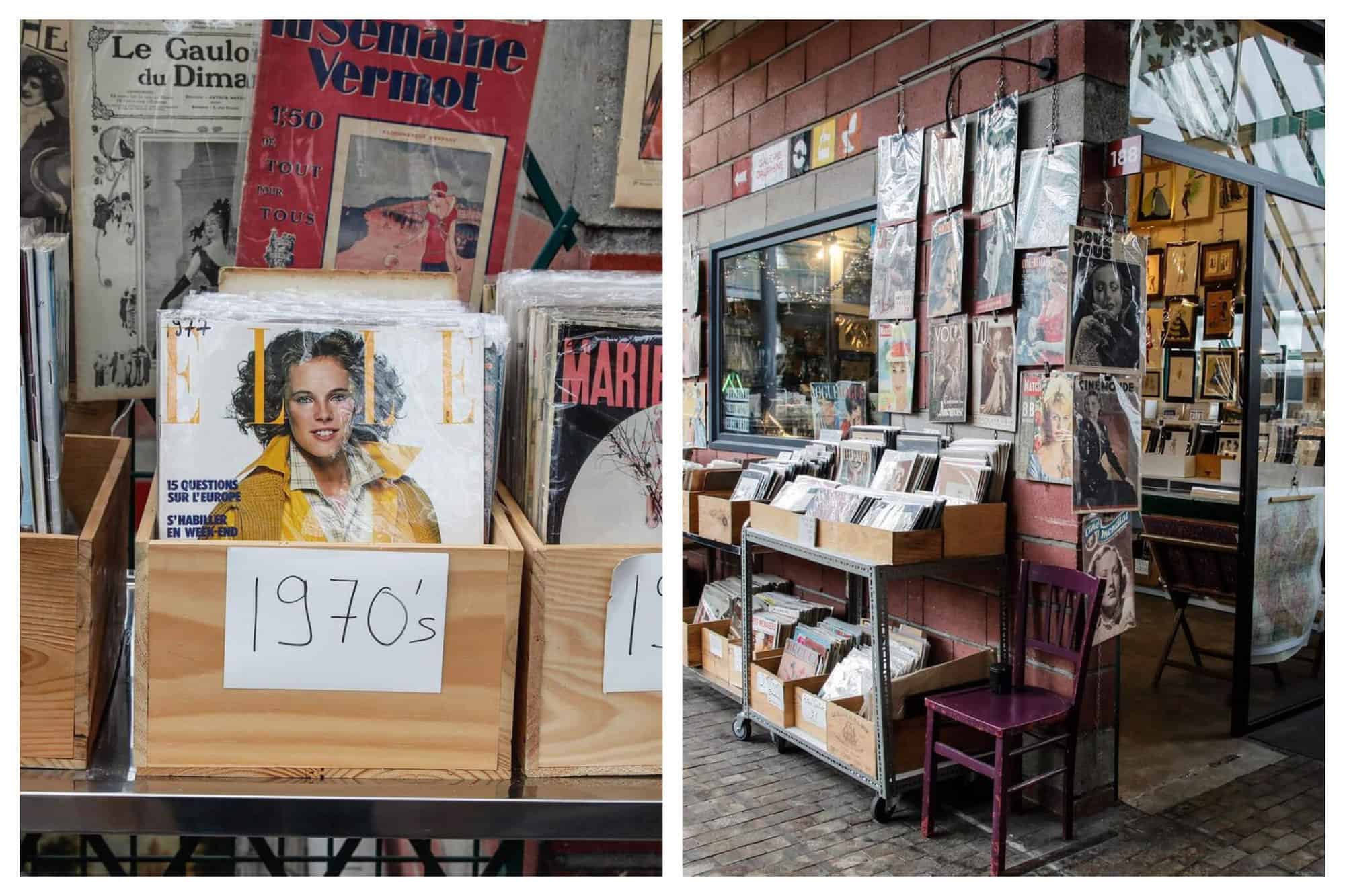 Left: Wooden boxes of vintage Elle magazines from the 1970's at Les Puces. Right: A photo of a corner of a flea market store that sells vinyls at Les Puces. Many can be seen in wooden stands in the photo