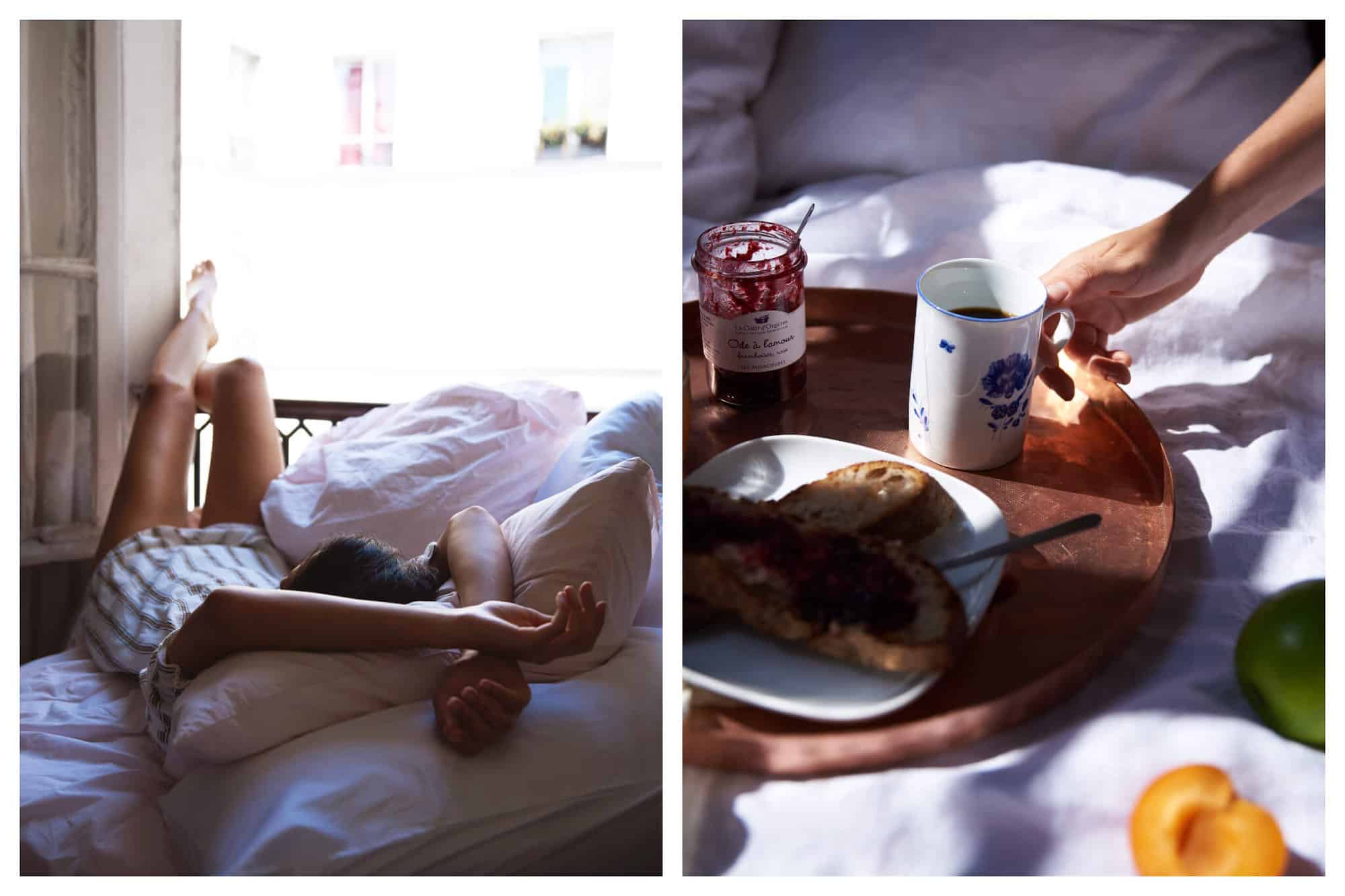 Left: a woman lying on French bed linen from La Chambre with her legs hanging out of a Paris apartment window. Right: a platter with toast, jam, and coffee on French bed linen by La Chambre.