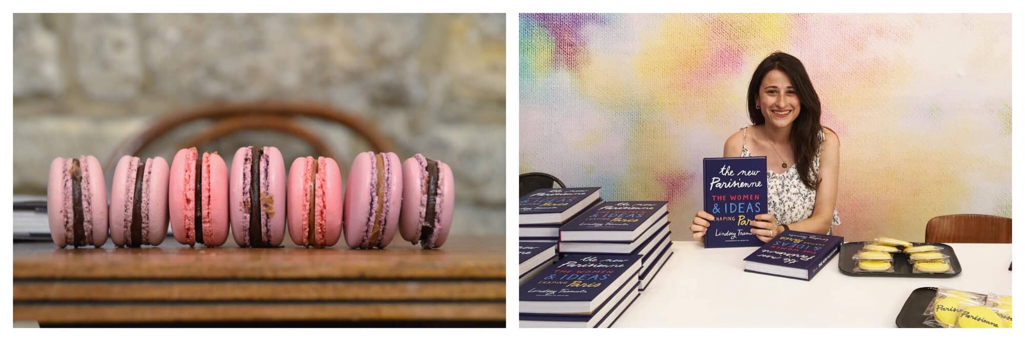 Left: a row of pink and purple macarons by La Cuisine Paris. Right: Lindsey Tramuta with her book 'The New Parisienne'. 