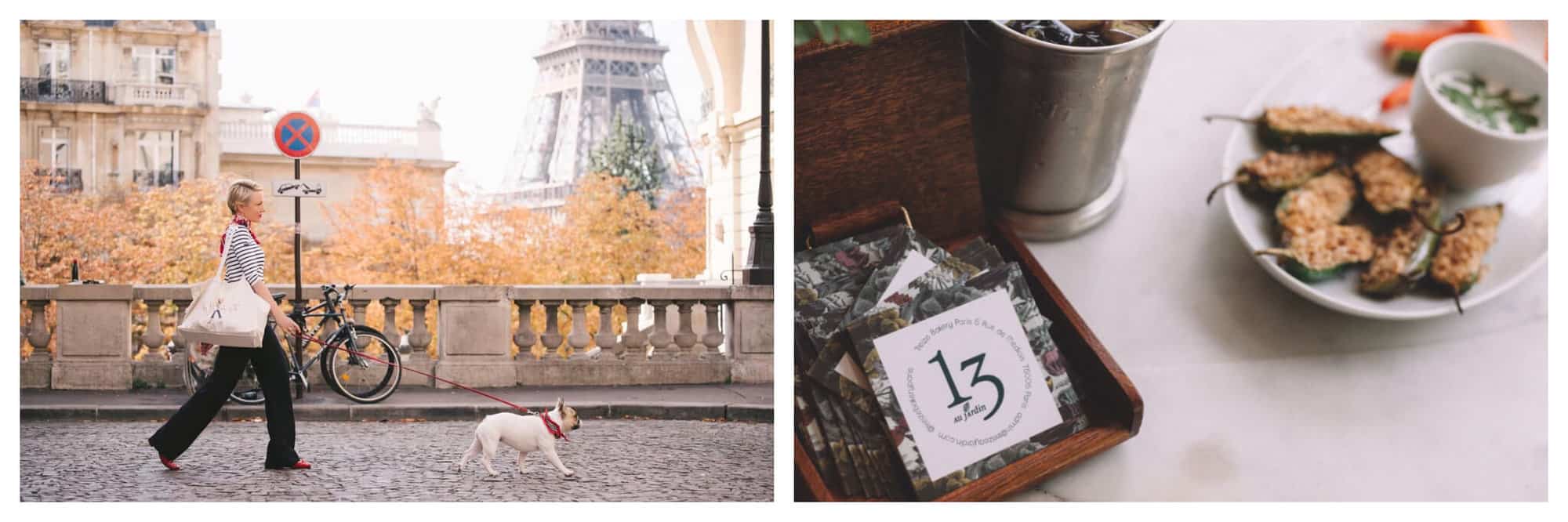 Left: This French Life walking her dog on a cobblestone street in front of the Eiffel Tower. Right: business cards, an iced drink, and a chilli appetiser on a table at Treize au Jardin.