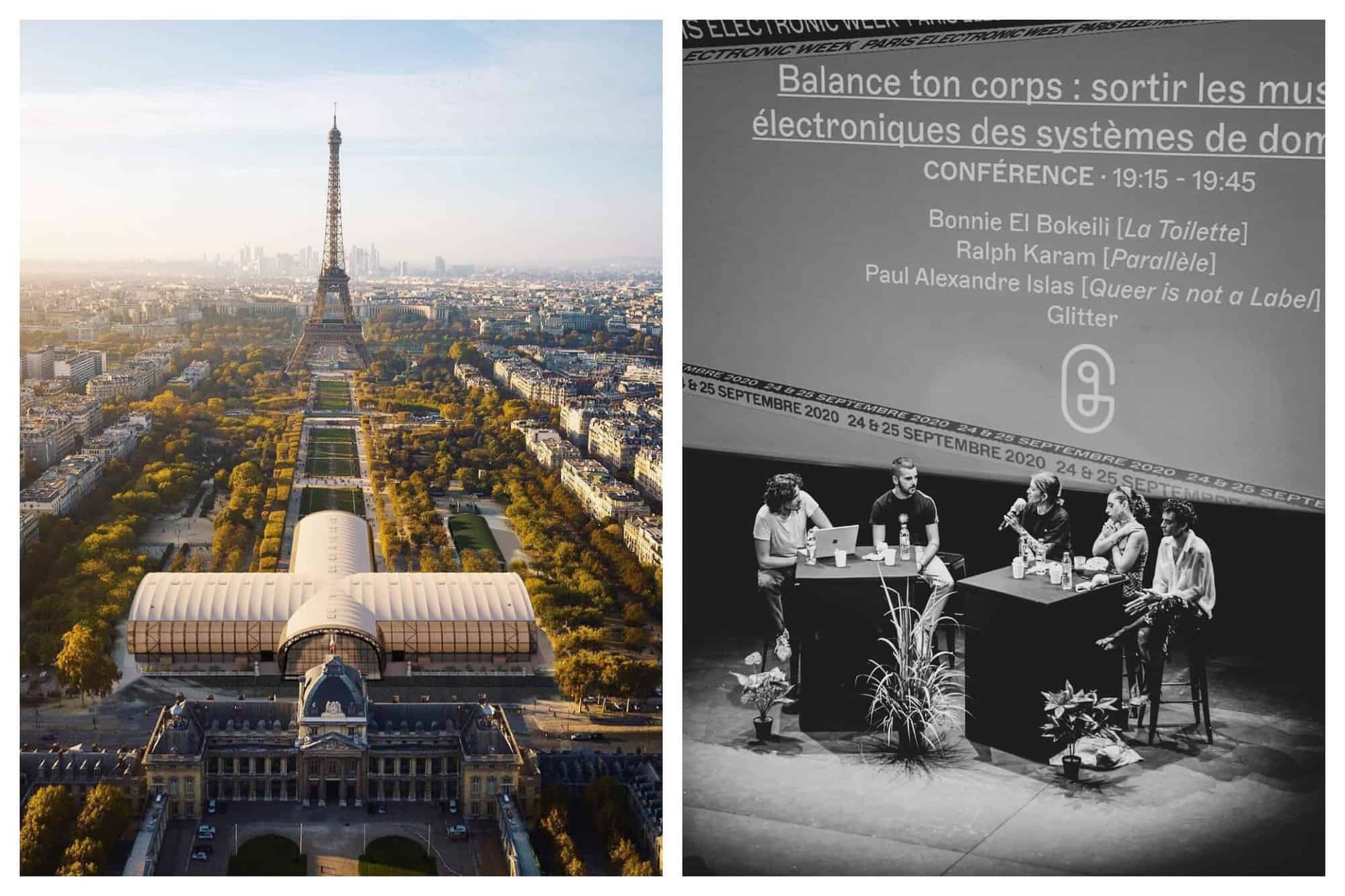 Left: a bird's eye view of the Grand Palais Ephemere with the Eiffel Tower in the background. Right: a black and white image of 5 people sitting around 2 tables on a stage with microphones in front of a screen for Paris Electronic Week.