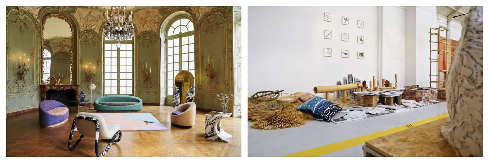 Left: an opulent traditional French interior with modern furniture for Paris Design Week. Right: an exhibition of design objects for Paris Design Week.