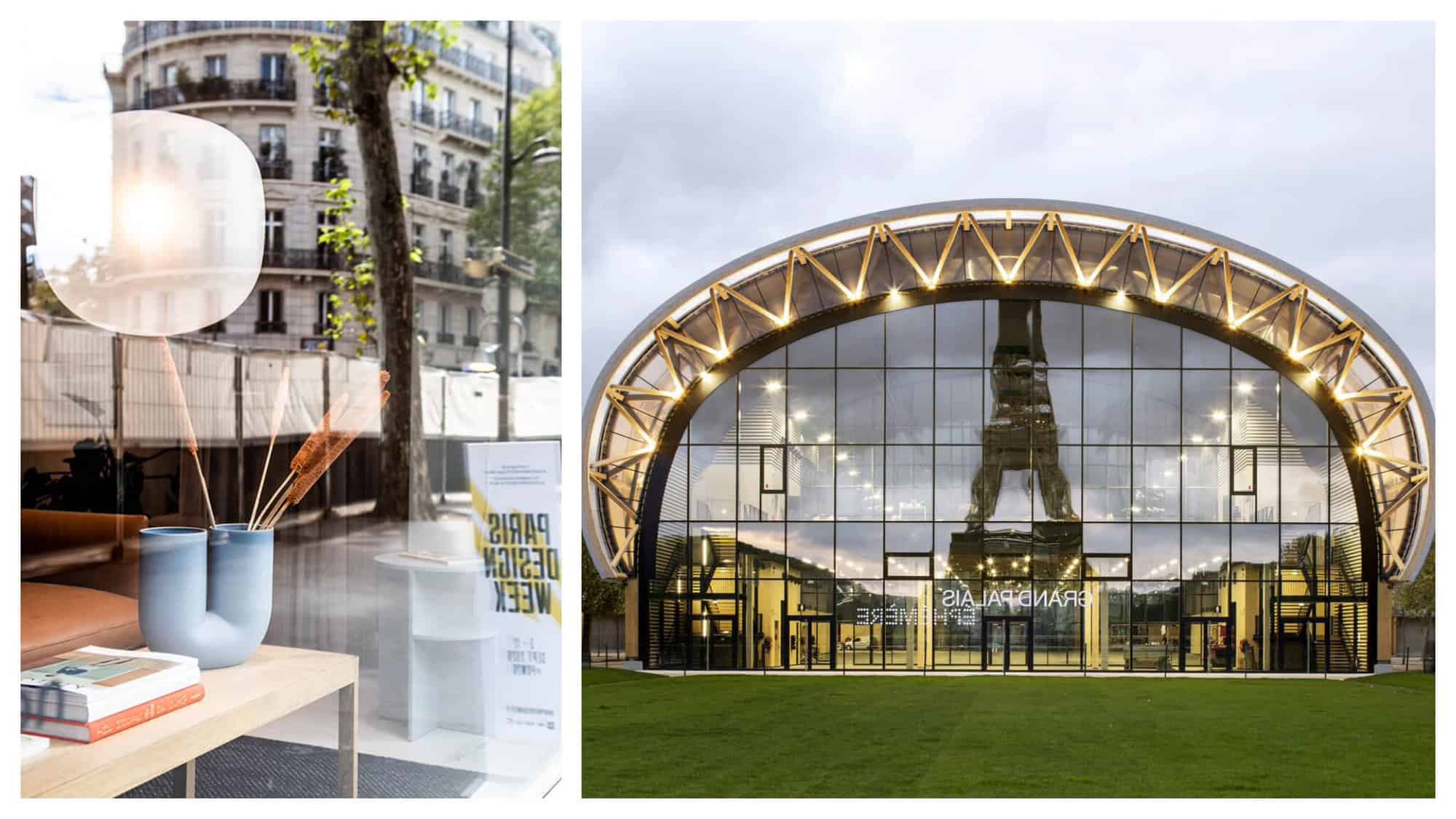Left: A window display of design objects for Paris Design Week. Right: the Grand Palais Ephemere with the Eiffel Tower reflected in the windows.