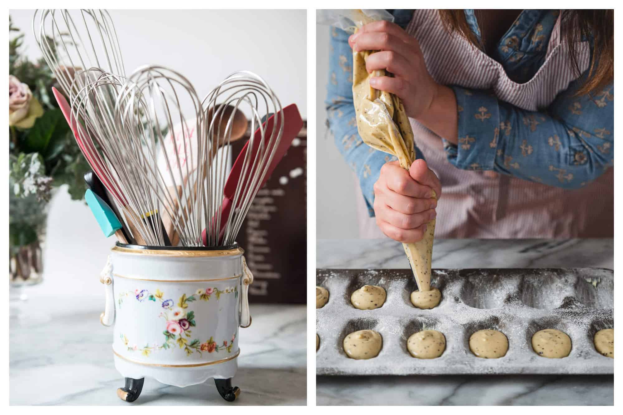 left: a vase with an assortment of cooking utensils including wooden spatula and a whisk. Right: Chef Molly Wilkinson piping batter into silicon baking tray