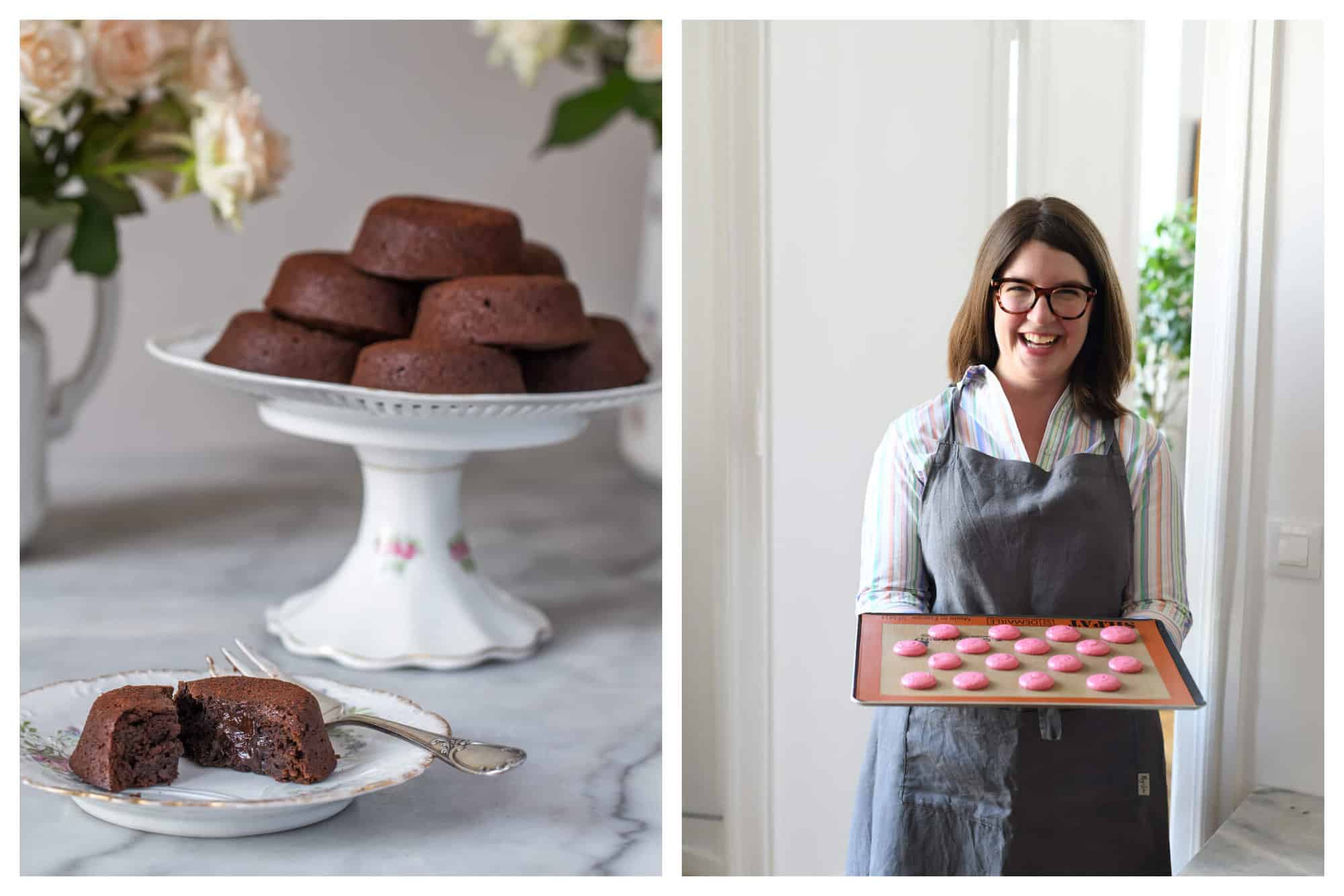 left: moelleux au chocolat decorated on a white dessert tray. Right: Chef Molly Wilkinson poses with a tray full of French pastry, which are pink in color