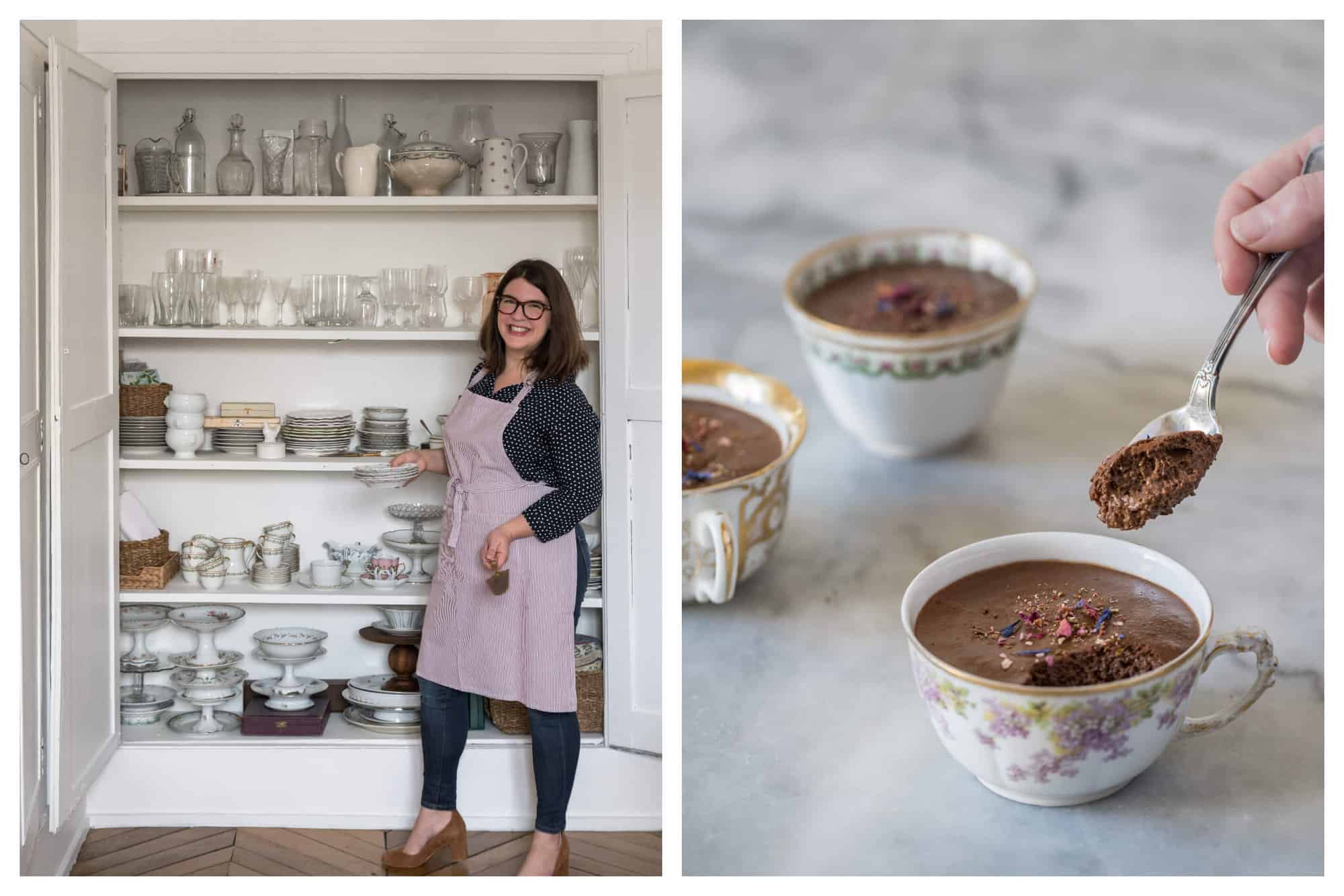 Left: the cabinet of chef Molly Wilkinson full of glass crockeries and bakeware. Chef Molly Wilkinson is standing in front of it.. Right: a mug of choclate mousse. There is a hand that is scooping one spoonful of mousse out of it.