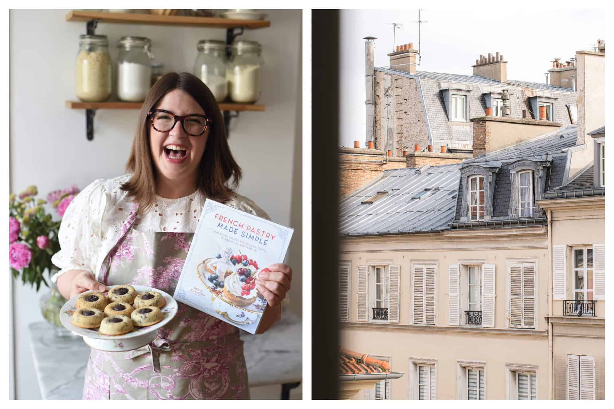 Left: Chef Molly Wilkinson is smiling brightly and poses with her new book French Pastry Made Simple. Right: The view from the window of Chef Molly Wilkinson . It is a view of Parisian building with windows and beige colored walls