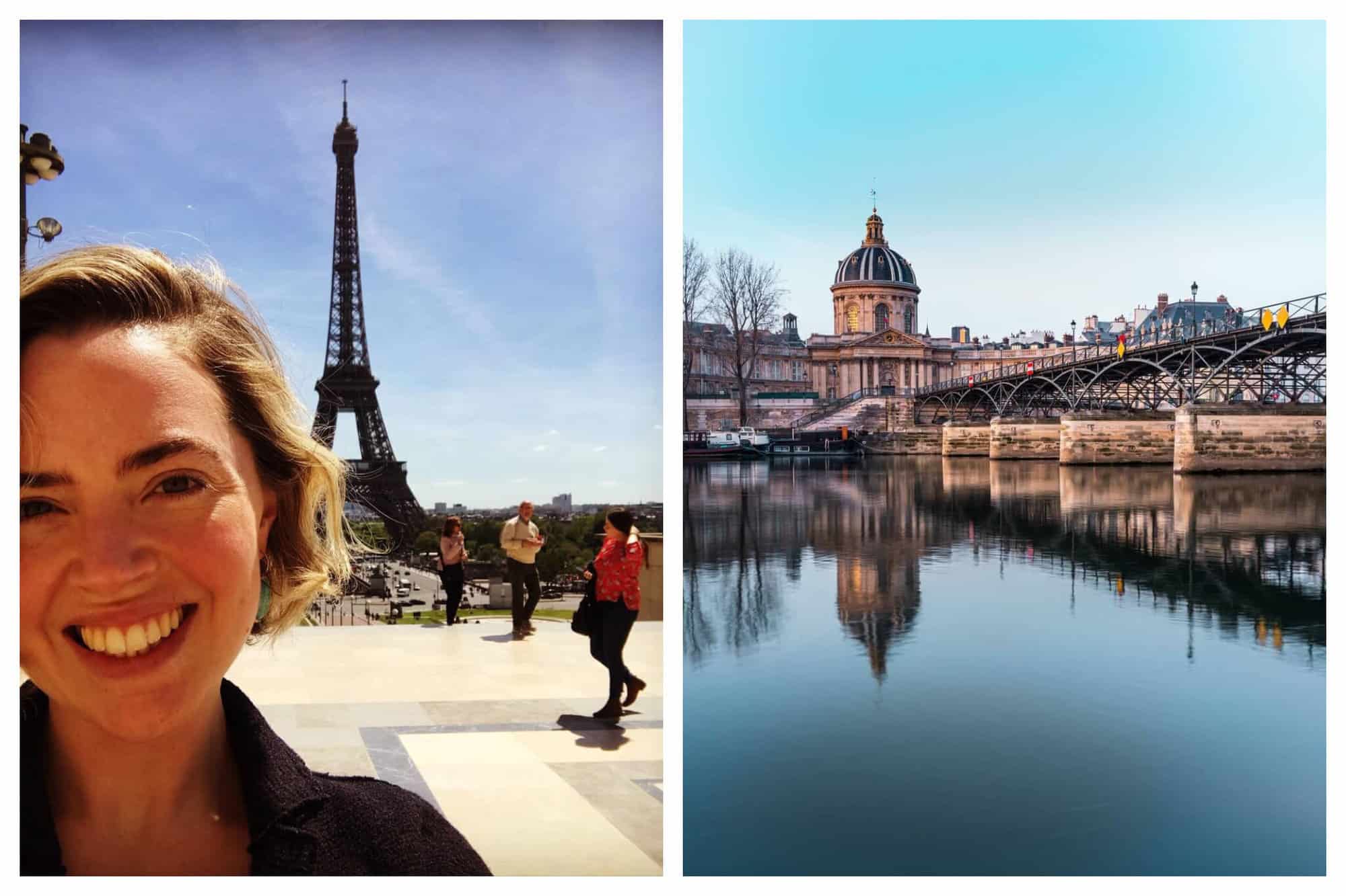 left: tatty mcleod smiling and posing in infront of the Eiffel Tower in Paris. 
right: a photo of pont des arts with its reflection clearly visible on the Seine. 