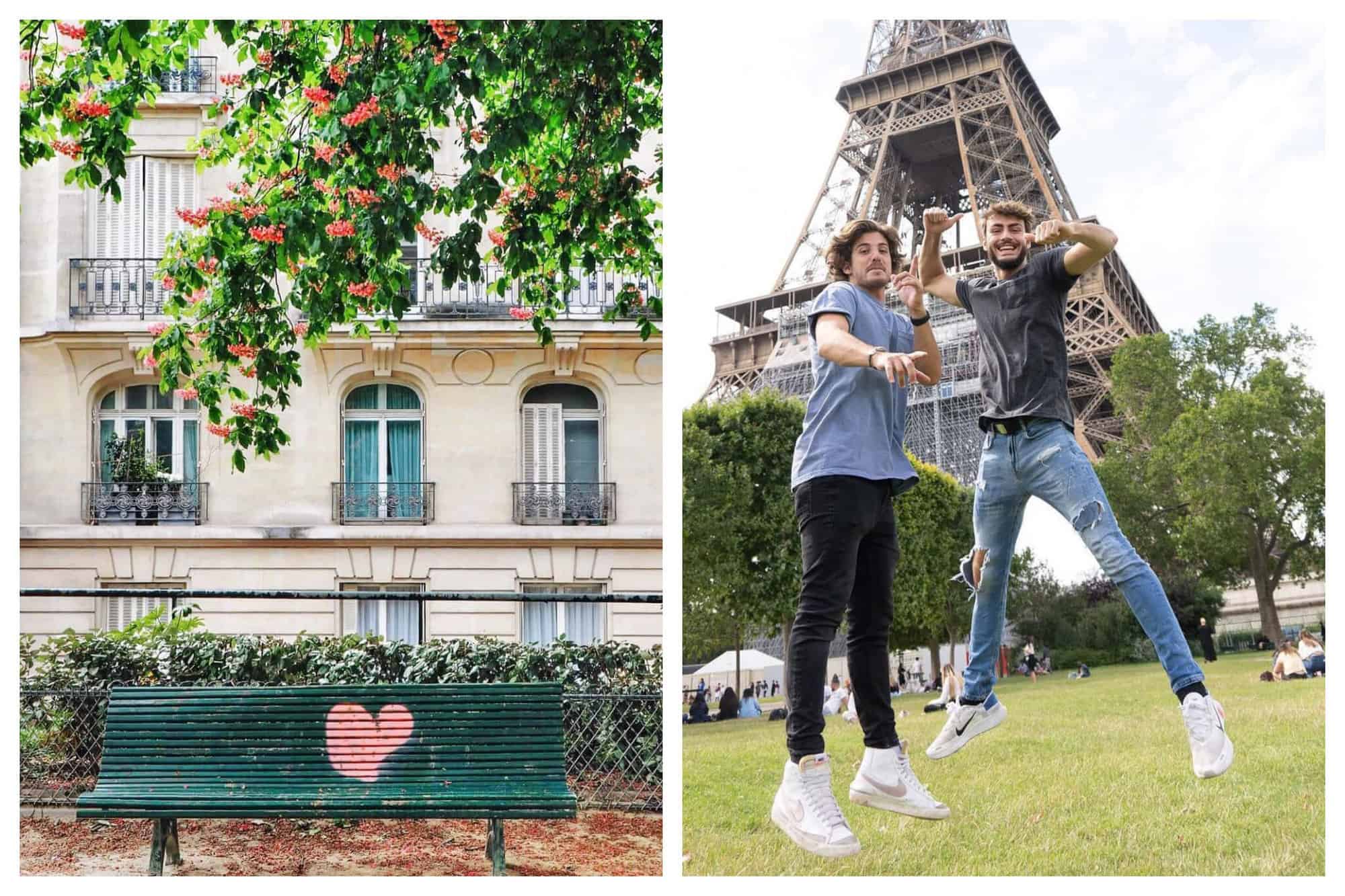 left: a green coloured nech with a pink heart graffitied on it. behind it, is a cream coloured Parisian building and trees with pink flowers. 
right: alex and tom from the TikTok account Frenchies jumping and laughing in front of the Eiffel Tower, Paris. 