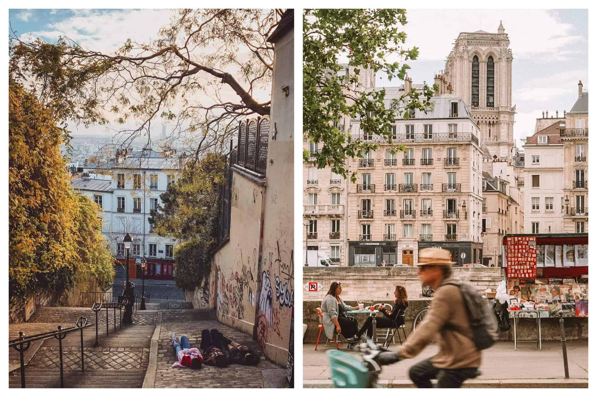 left: a sweeping view of Paris city from montmartre. a man and a woman can be seen lying down and gazing at the sky from the staircase at montmartre. right: a cyclist going past a Parisian road. Beyond him, two women can be seen sitting down and talking to each other.