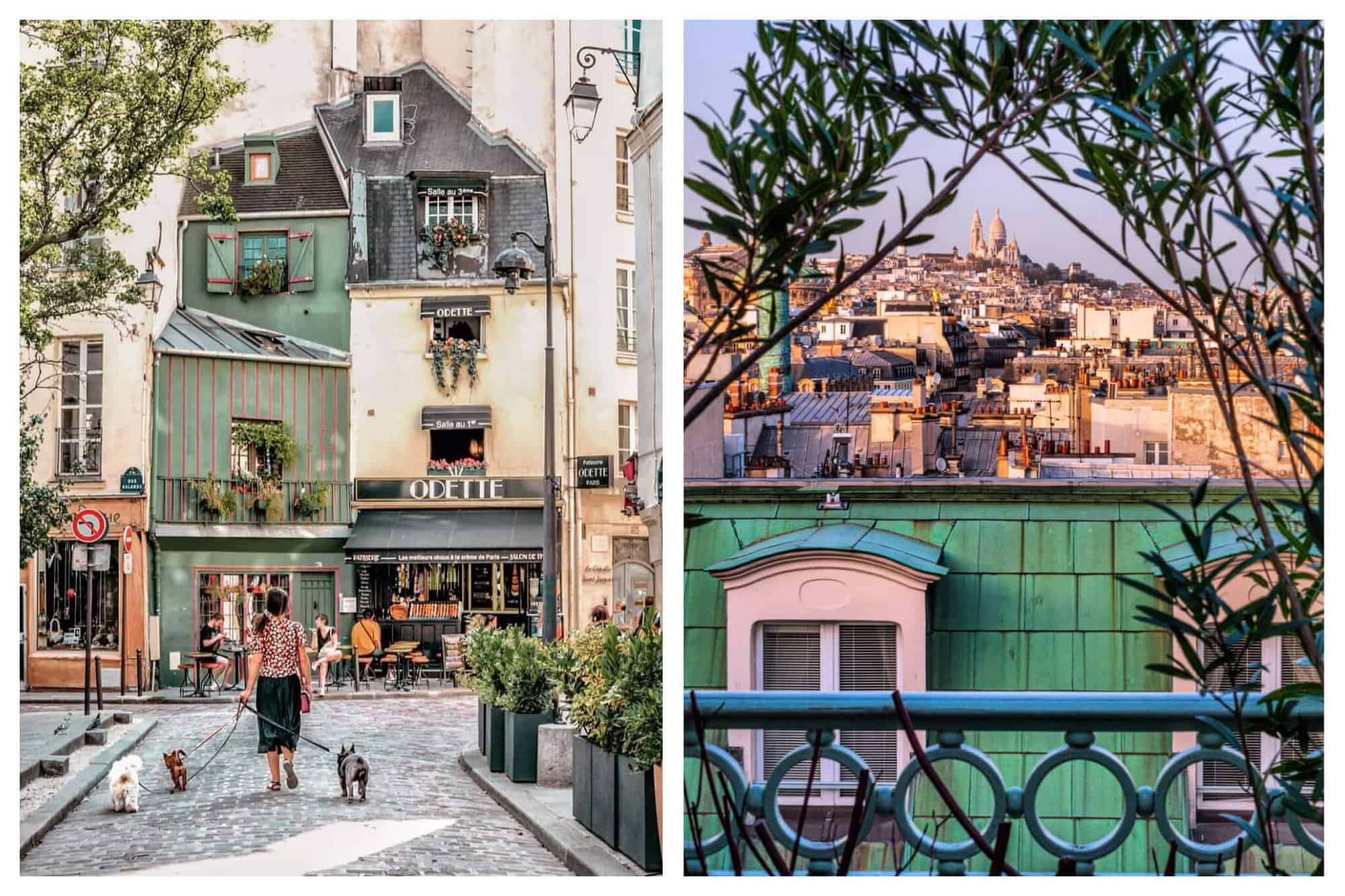 left: a woman walking 2 dogs. Ahead of her, we can see the shop front of Odette in the Latin Quartier, Paris. Right: a view of a Parisian rooftop which is teal green in color. In the horison, the Sacre Coeur clearly appears afains the blue skies of Paris