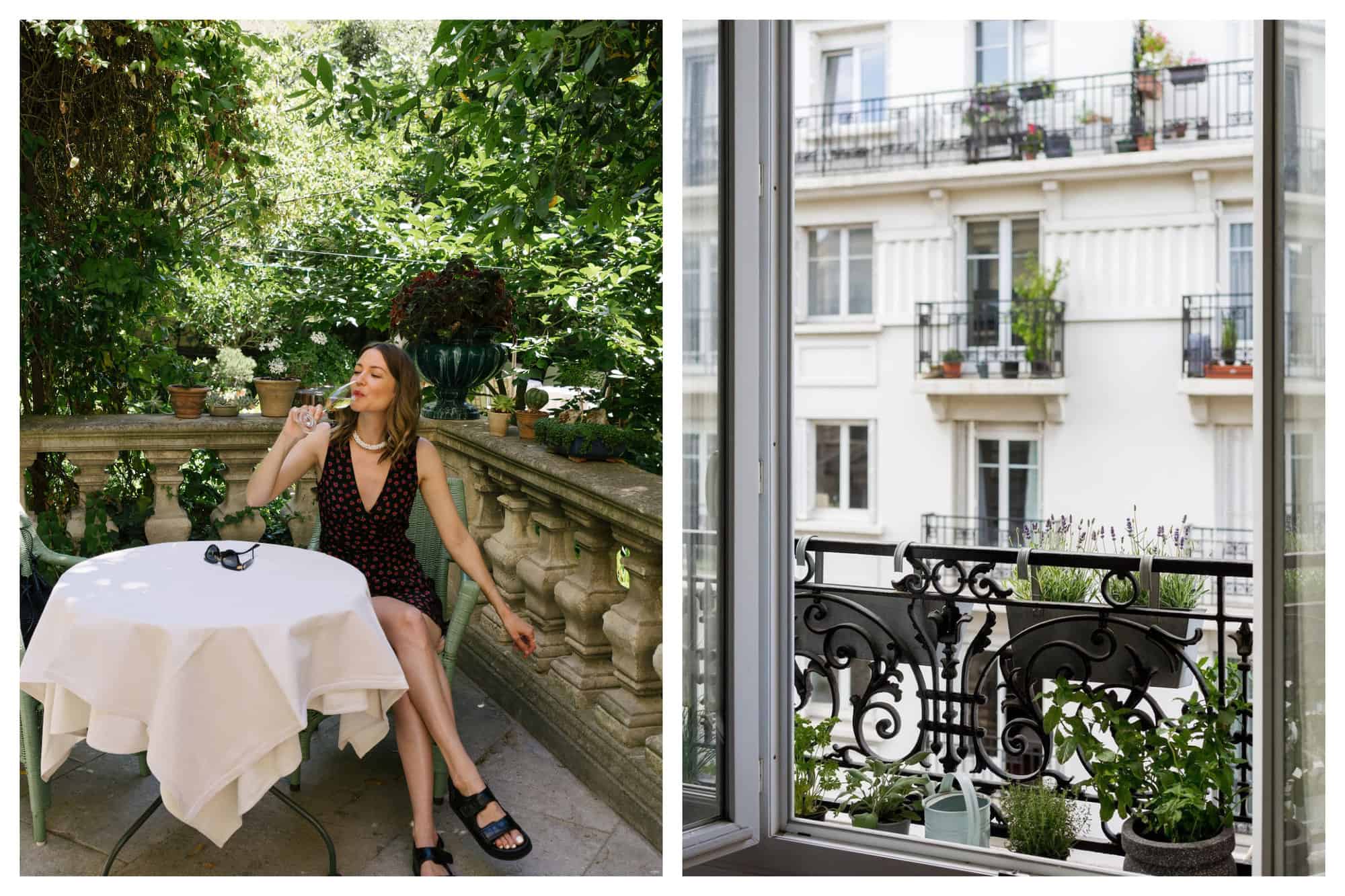 Left: a picture of a woman drinking a glass of champagne at a white terrace table in paris, with a green garden in the background. Right: a picture of a paris apartment's window that's overlooking a neighbouring apartment building. 