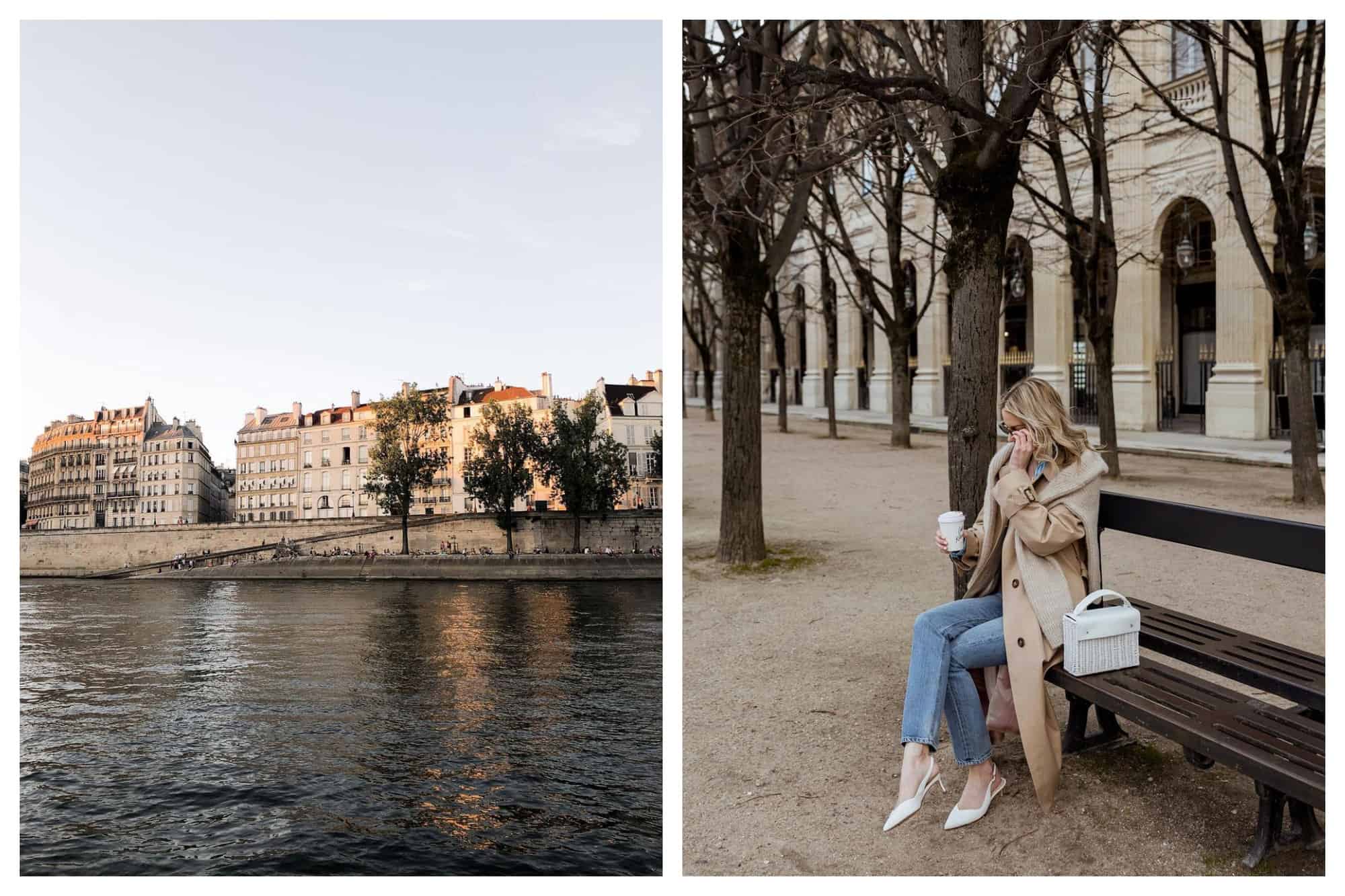 Left: a picture of the seine river in Paris at sunset, with people seen in the foreground sitting on the river bank. Right: a picture of a women sitting on a park bench at Palais Royal, drinking a takeaway coffee in a beige trench coat.