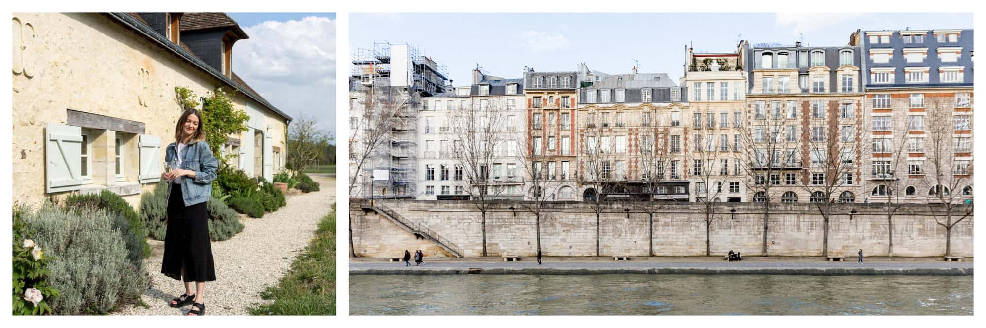 LeftL a picture of a woman standing next to a rural cottage in a denim jacket and black shirt on a sunny day. Right: a picture of the banks of the seine in winter. 
