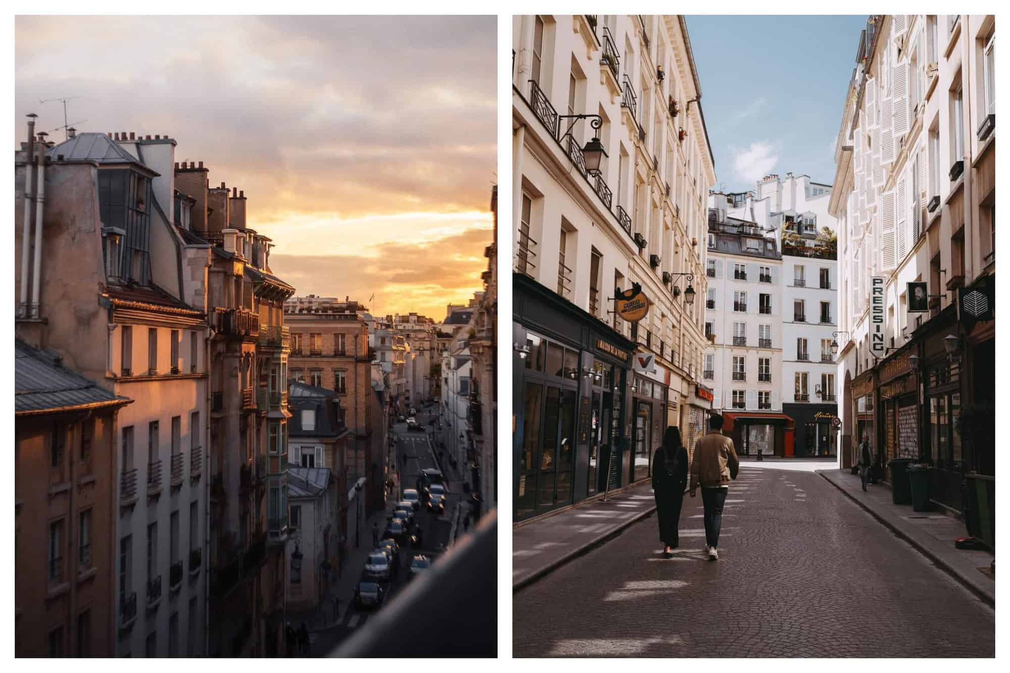 Left: a picture of a Paris street and buildings, taken from a balcony at sunset. Right: a picture of a couple walking down an empty street in Montmartre. 