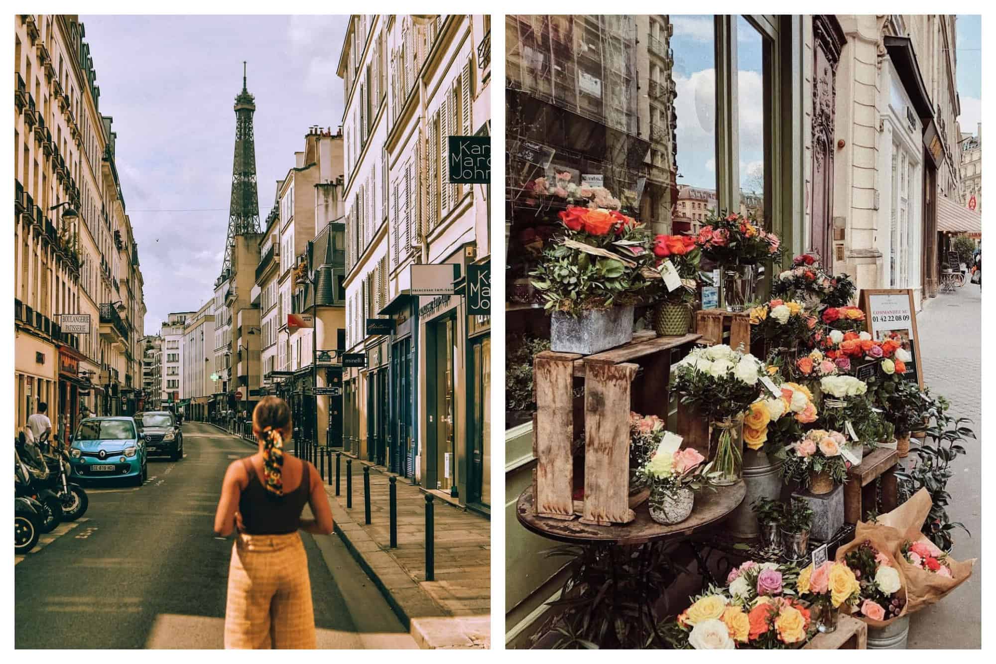 Left: a picture of a girl wearing a brown t'shirt, white pants and a head scarf, standing facing the Eiffel tower on a street in Paris. Right: a picture of a display of fresh flowers outside a florist in Paris. 