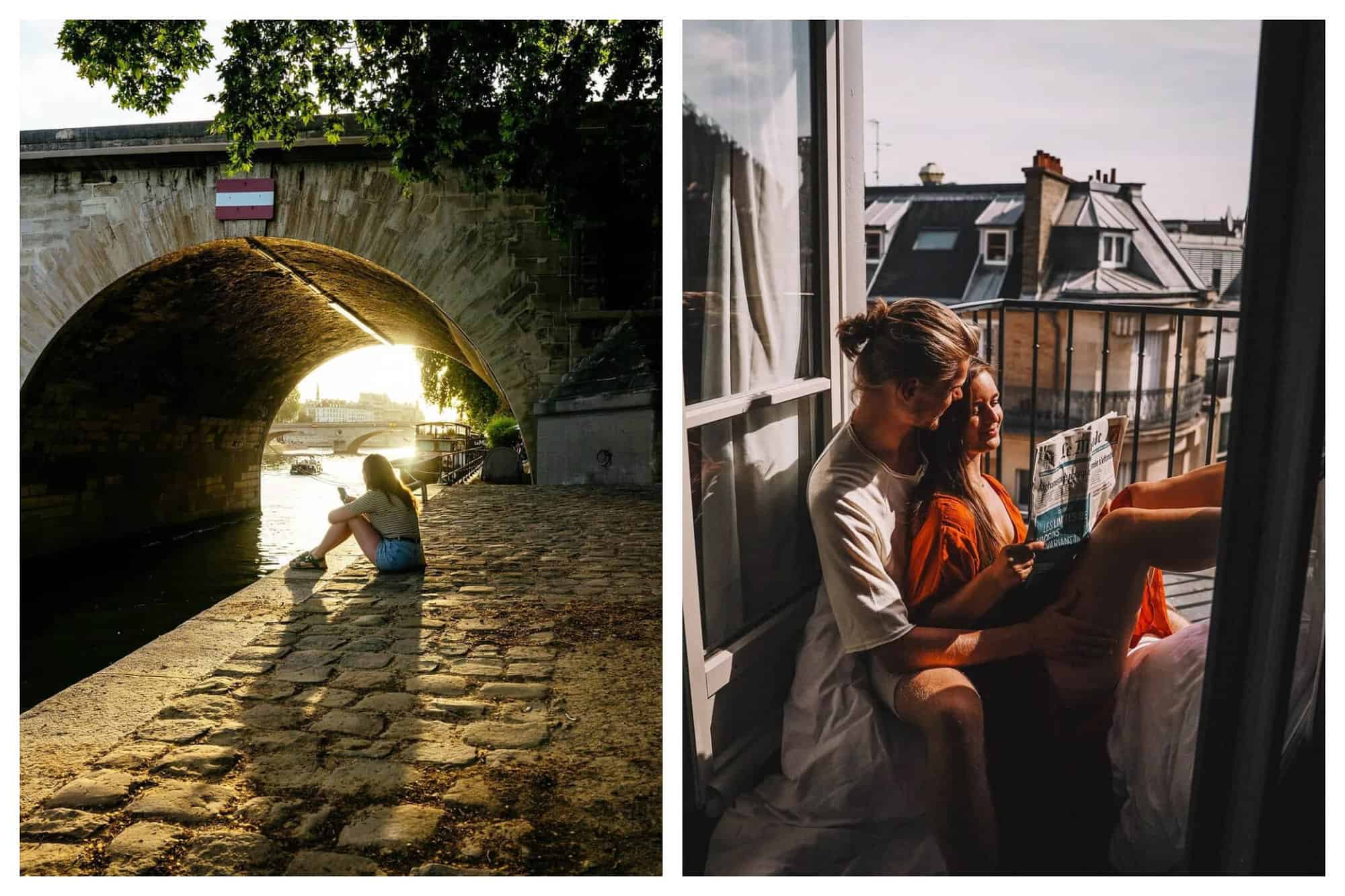 Left: a picture of a girl on her phone, sitting on the banks of the Seine at sunset. Right: a picture of a couple reading the newspaper on a balcony in Paris. 