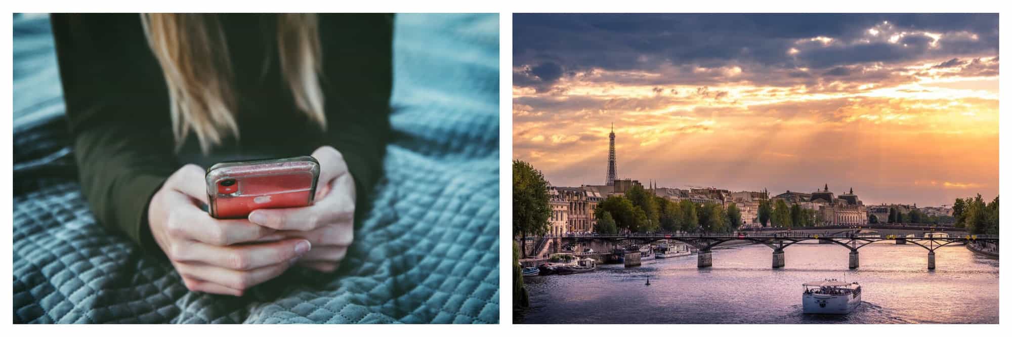 Left: a close up picture of a girl on her phone in bed. The girl is using a red iPhone while lying on her bed. Right: a picture of a sunset in Paris, taken from a bridge crossing the seine where the Eiffel tower can be seen. 