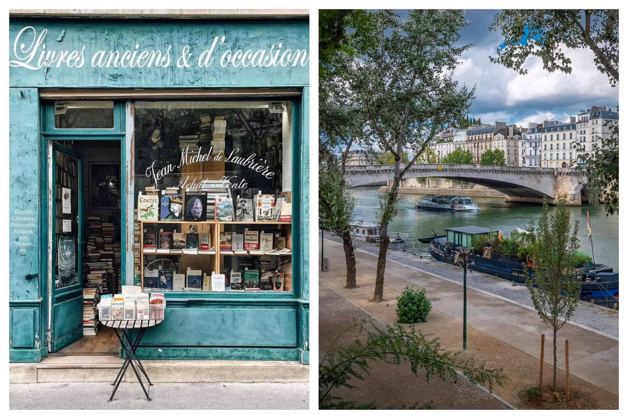 Left: a photo of a blue book store in Paris named Livres Anciens and d'occasion with the entrance door open. Right: a photo of the Seine on a cloudy day in Paris/ Several boats can be seen however no people. 
