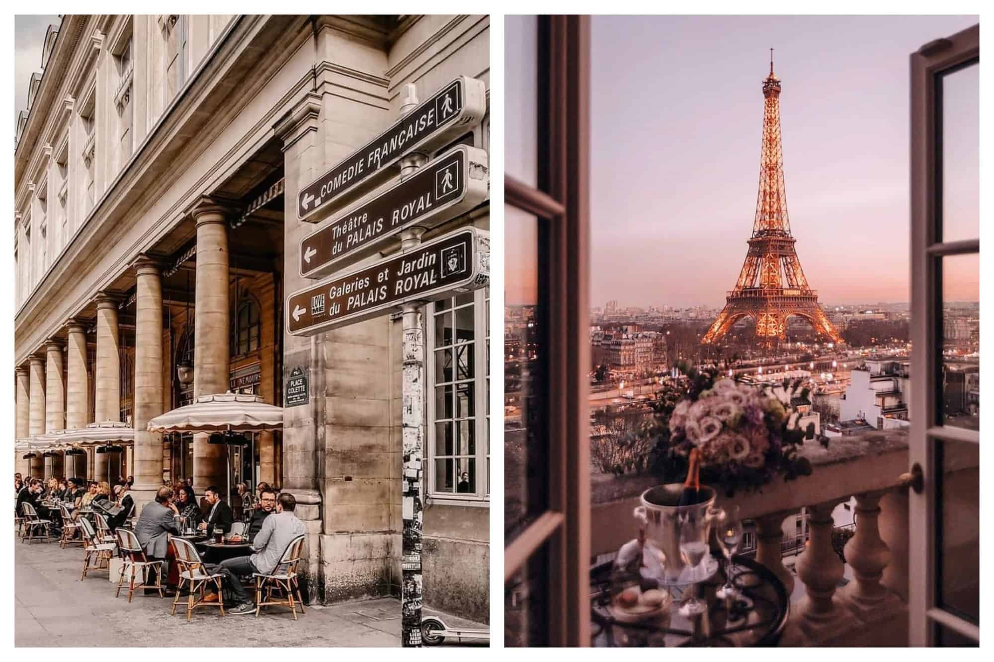 Left: a photo of Cafe Nemours terrace in Paris, filled with people drinking coffee outside of Palais Royal.  Right: a photo of the Eiffel Tower taken from an apartment balcony with a table with champagne in a ice bucket and two glasses. 