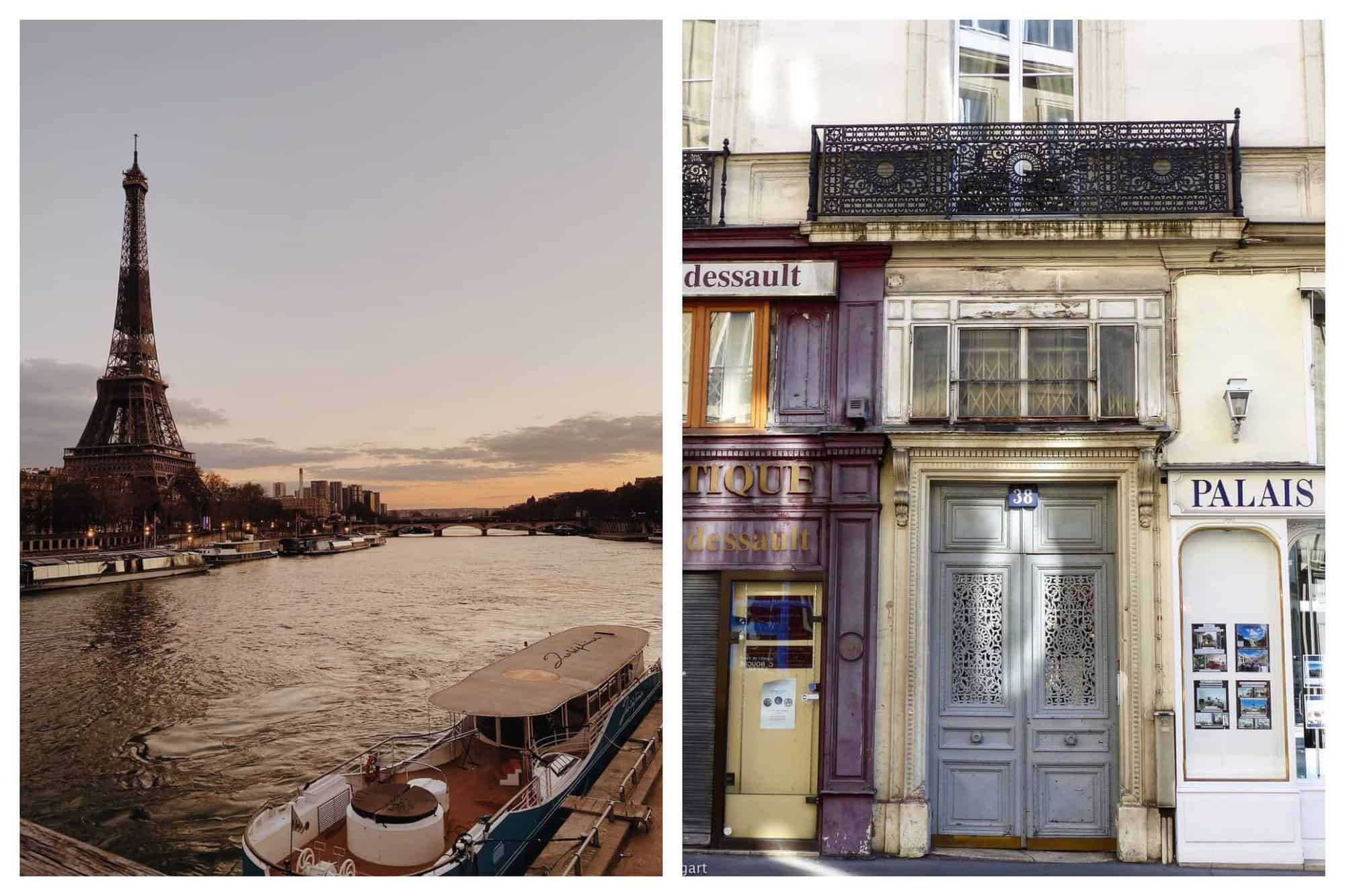 Left: A photo of the Eiffel Tower sat behind the Seine at sunset on a clear day in Paris. Right: a photo of a blue door in Paris at number 38 on a unknown street. 