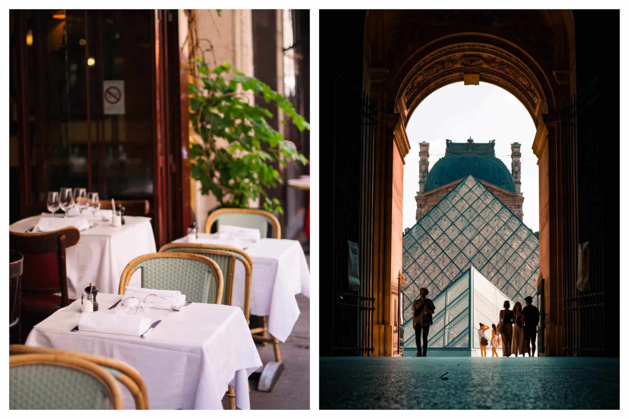 Left: a photo of three terrace tables set on a Paris terrace waiting for customers. Right: a photo of the alleyways at the Louvre in front of the pyramid entrance. 
