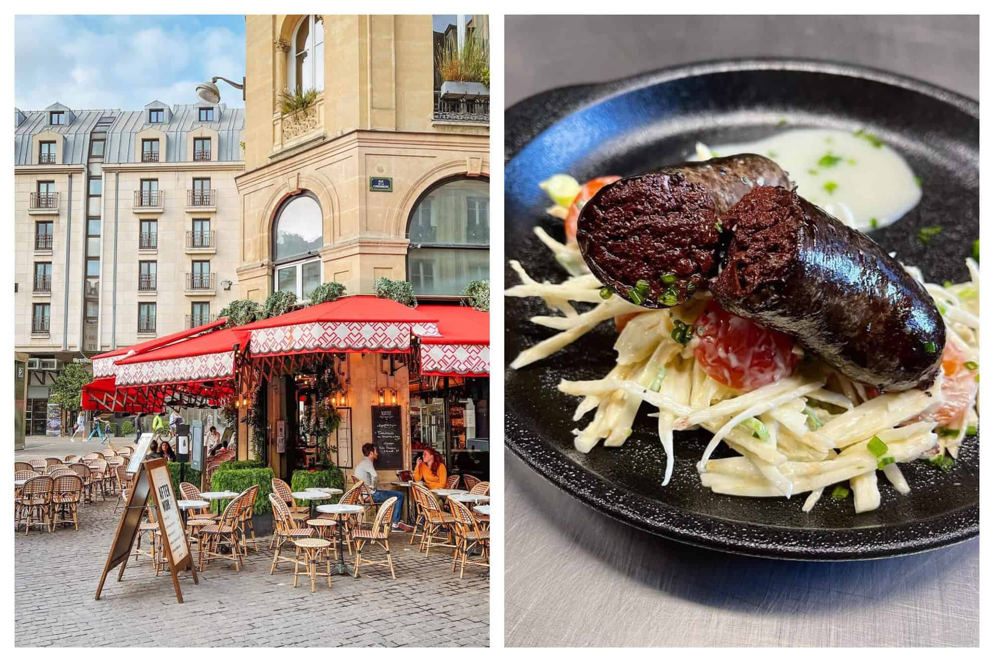 Left: a photo of a corner terrace in Paris with red roofing and empty tables below. Right: a photo of the french dish boudin noir on a black plate with a salad