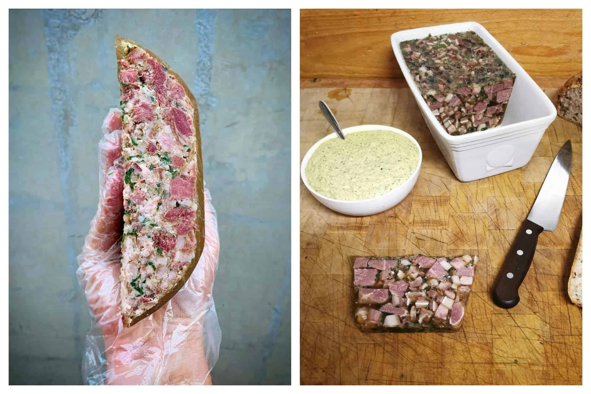 Left: A photo of a hand with a plactic glove holding a slice of the french dish fromage de tête in front of a stone wall. Right: a photo of fromage de tête in a dish, with one slice taken out and lying on the wooden table in front of a bowl of sauce. 