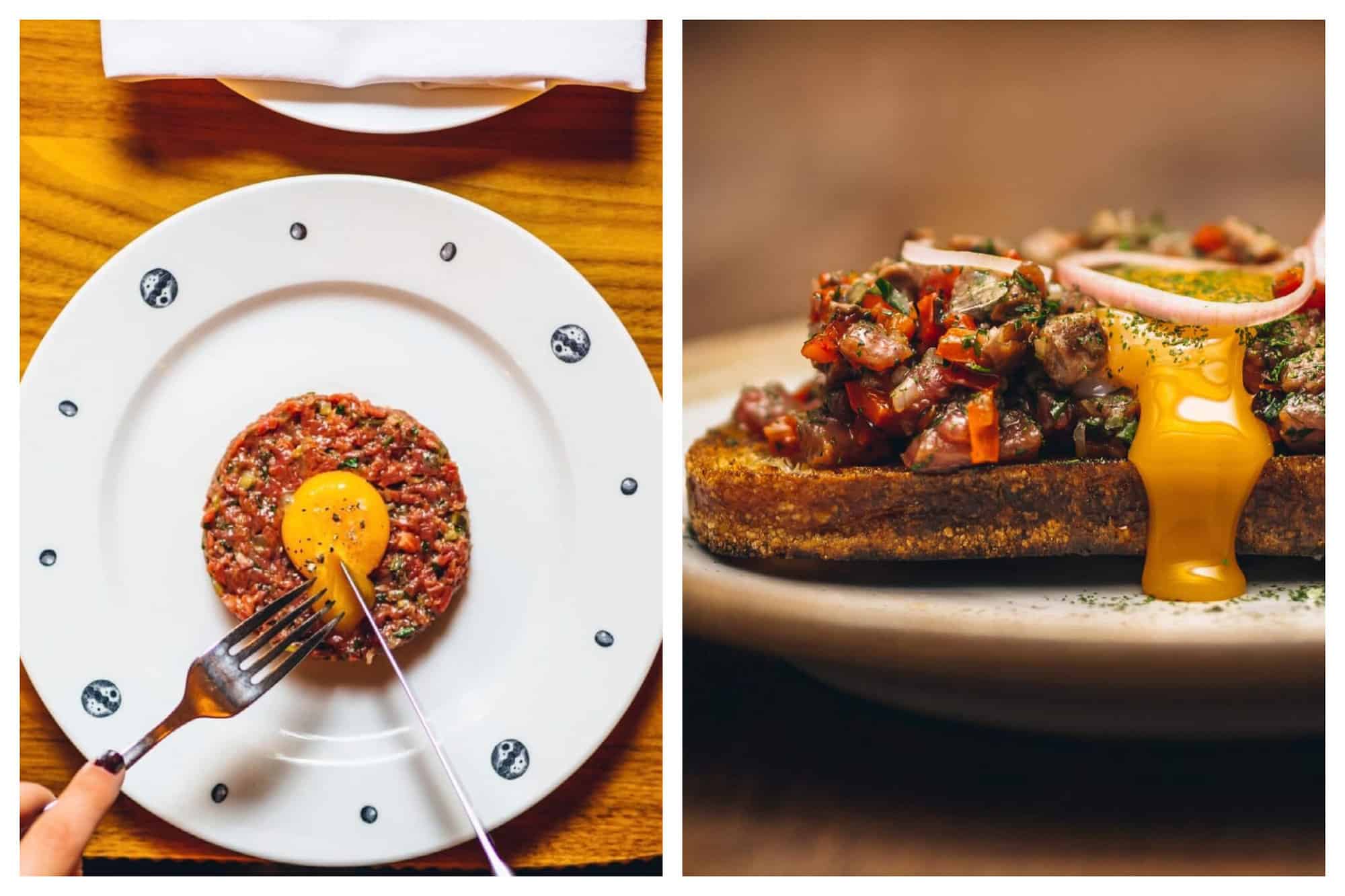 Left: a photo of steak tartare with an egg yolk in the middle, on a white plate being cut into by someone eating with a knife and a fork. Right: A photo of a gourmet steak tartare on a plate with egg yolk dripping off the top. 